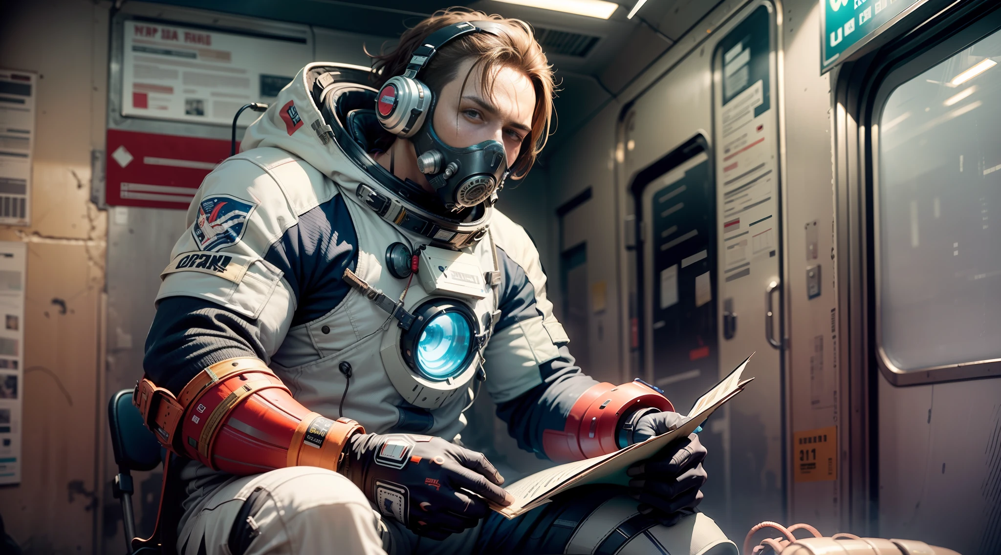 A man in a spacesuit from radiation sits on a chair. ,Play notebook with 2 hands against the background of abandoned subway and slugs., after the apocalypse Photorealistic, ultra photoreal, ultra-detail, intricate detailed, Super Detailed, Full color, Volumetric lightning, HDR, Realistic, unreal engine, crisp focus