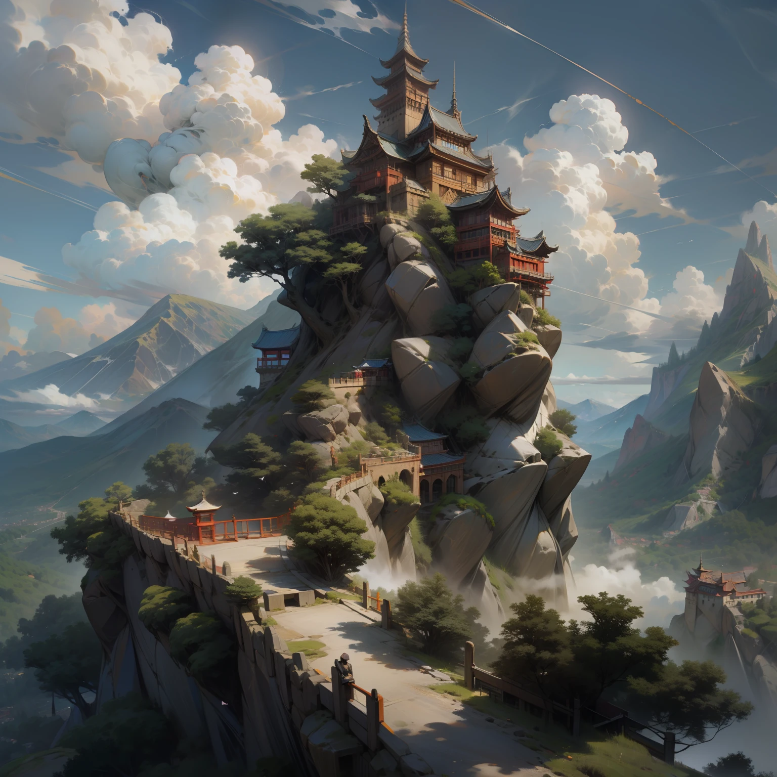 Meteora, Chinese style architecture, rock mountain, rock wall, the woods, clouds, sky, Temple on a rocky mountain
