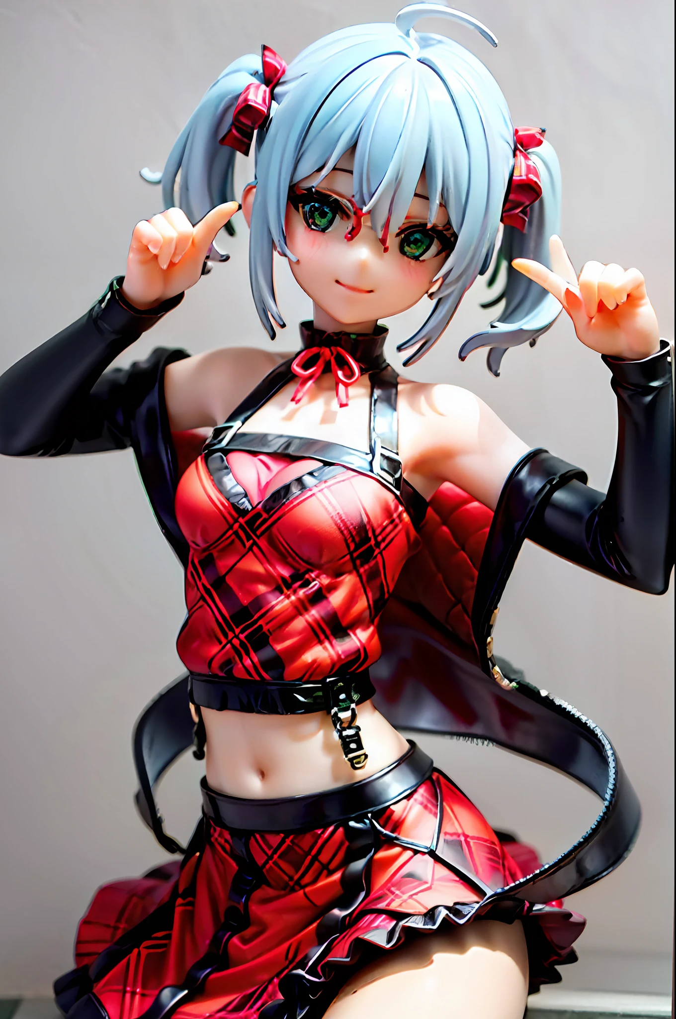 (1/6 scale pvc figure:1.4), blind box figurine, (Masterpiece), A girl, smiles, not large tasty, Small breasts, collarbone,
Fashionable Rush Guard, separate swimsuit(tops red Tartan Plaid with Multi strapped ruffles, bottoms green tartan plaid high-waisted skirt:1.4), loli, cat ear, Pale green hair, Short hair that sticks out the forehead, Hairstyle that reveals the forehead, closeup forehead, Small pigtails, circle-glasses,