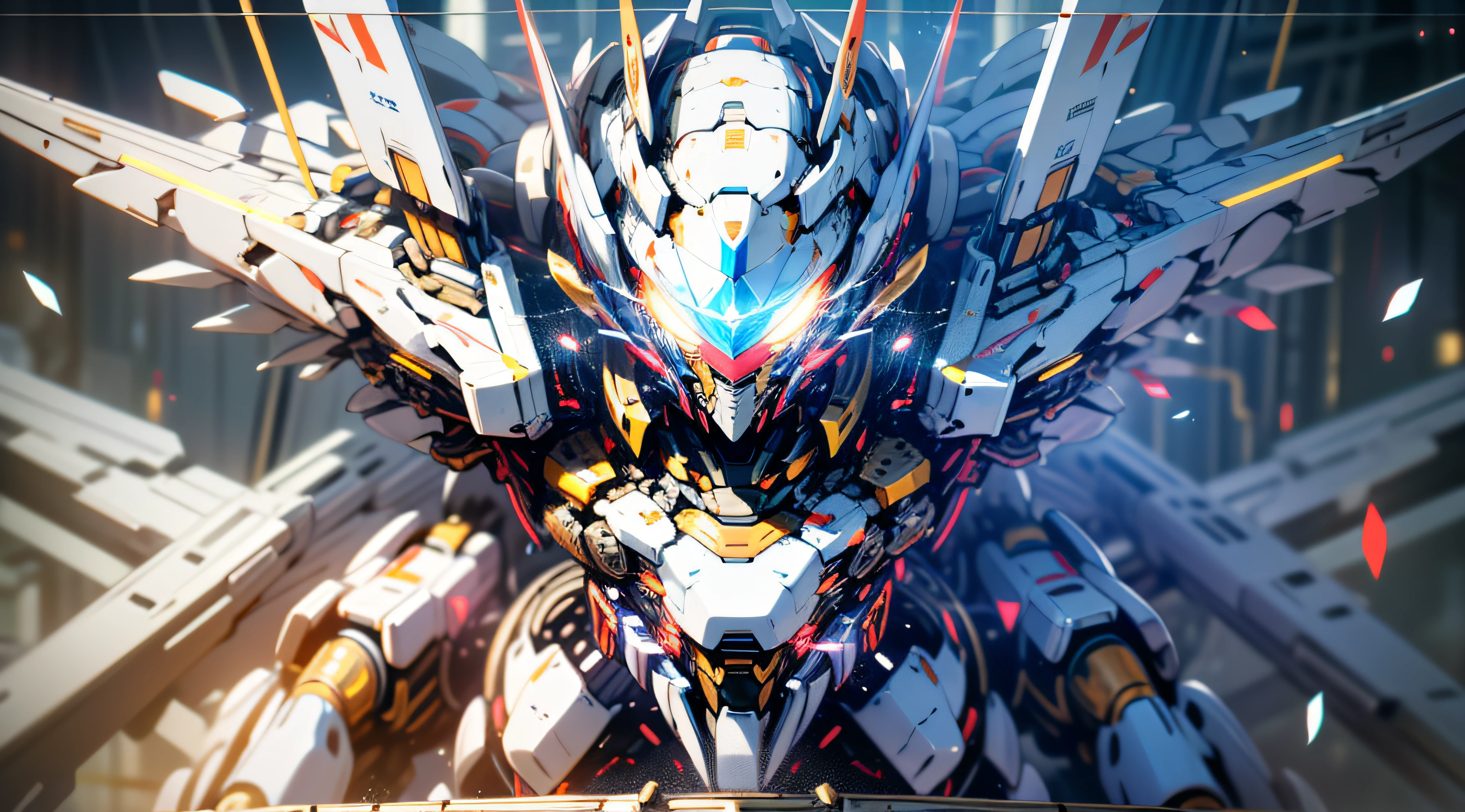 A humanoid white mech,Pure mecha,(((There is no human face))),(((There are no human heads))),((Male body mechanics)),(((Angular mech mask))),Detailed mechanical details of the face,Glowing white eyes,galactic,Mechanical and exquisite,the detail,mech wings,ellegance,white color mecha,(((Glowing white mechanical structure prism eyes))),the detail,mech wings,There are hands and feet,Angularity,Angular,immensity,Wind,white color mecha,Glowing white eyes,Surrounded by white playing cards,the detail,huge mecha wings,Angularity,Angular,Mecha's eyes glow blue,the detail,Future wind,white color mecha,Future wind,The face is clear,Surrounded by white mechanical delicate playing cards,karo,kosmos