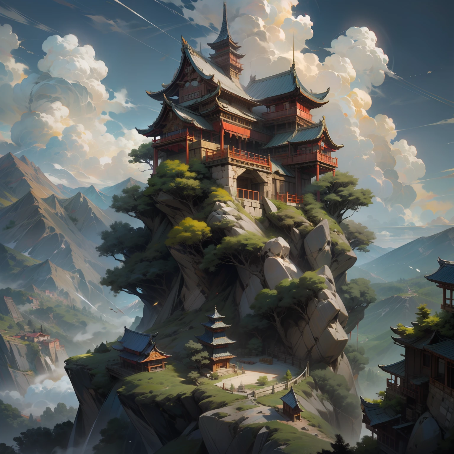 Meteora, Chinese style architecture, rock mountain, rock wall, the woods, clouds, sky, Temple on a rocky mountain