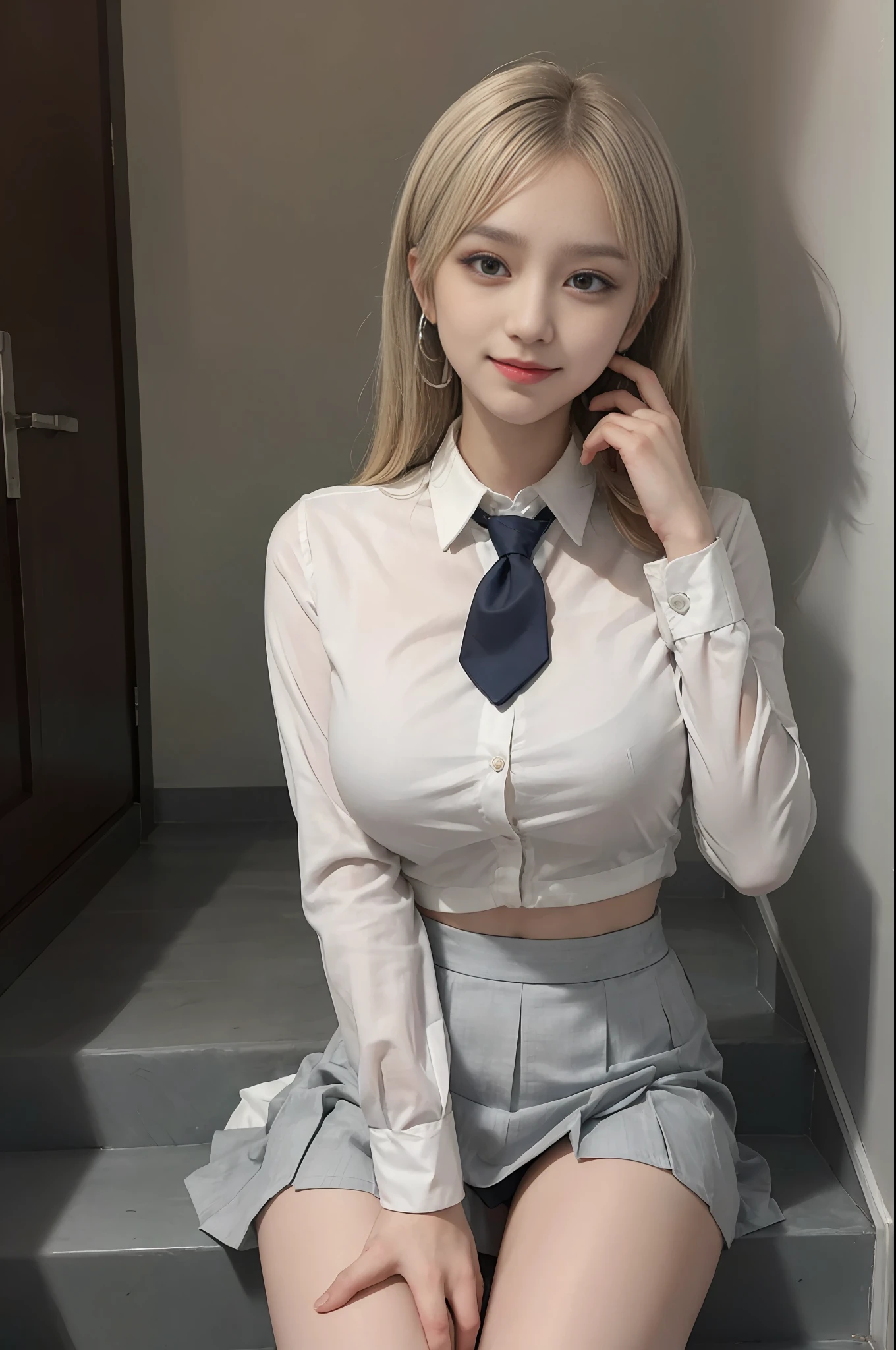 gray eyes, korean school uniform, summer school uniform shirt, ribbon tie, korean student tight skirt, bright blonde, school stairs, going down school stairs, chest thrusting pose, chest showing off pose, 8k raw photo, high resolution, cool korean at 16 years old, very big round breasts, beautiful eyes in detail, long eyelashes, beautiful double eyelids, eye shadow, eyeliner, cut eyes, elongated eye shape, Sanpaku eyes, evil smile, evil look, beautiful very thin legs, beautiful very thin thighs, random medium hair, hair tied behind the head, earrings,