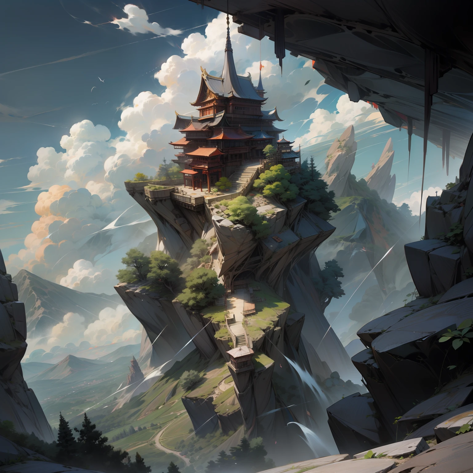 Meteora, Chinese style architecture, rock mountain, rock wall, the woods, clouds, sky, Temple on a rocky mountain