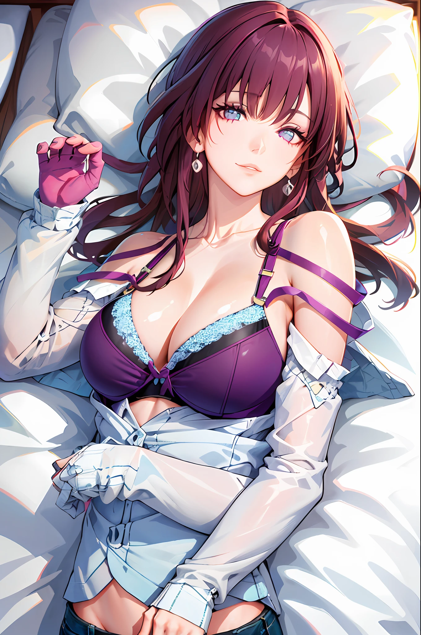 (8k, RAW photo, best quality, masterpiece:1.2), yjnn, 1girl, 3d, asian, bangs, bare_shoulders, bow, bra, breasts, brown_eyes, brown_hair, cleavage, grey_background, lips, long_hair, long_sleeves, looking_at_viewer, big_breasts, navel, nose, off_shoulder, open_clothes, open_shirt, panties, realistic, shirt, solo, stomach, underwear, undressing, upper_body, black_bra, black_panties, black_shirt,Shiny skin, beautiful delicate face, beautiful delicate eyes ,(realistic, photo realistic:1),Lie down on the bed