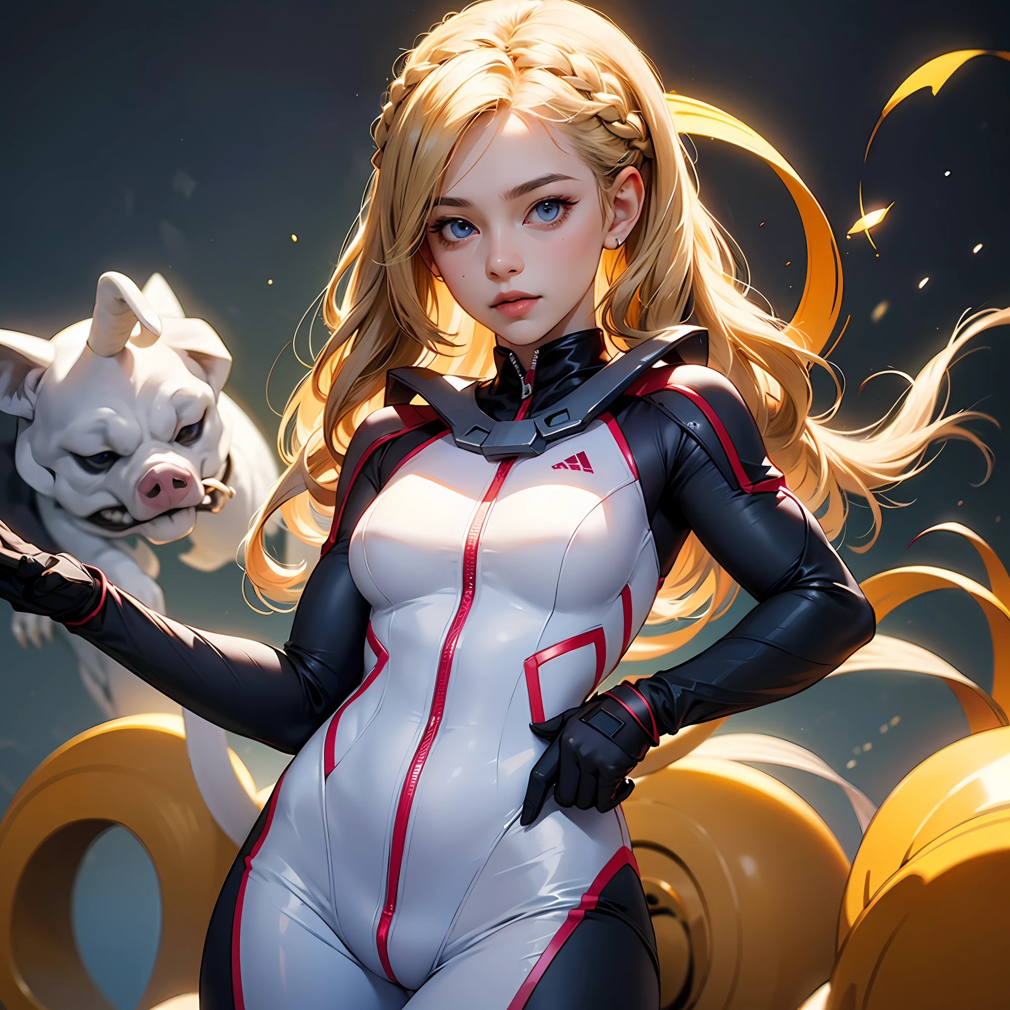 tmasterpiece, Best quality at best, 1girll, 独奏, 1girll, (lambda-11), blond hairbl, blond eyes, (Single braid), pigtails, mediuml breasts, tightsuit, unit, palaces,Quiet --auto
