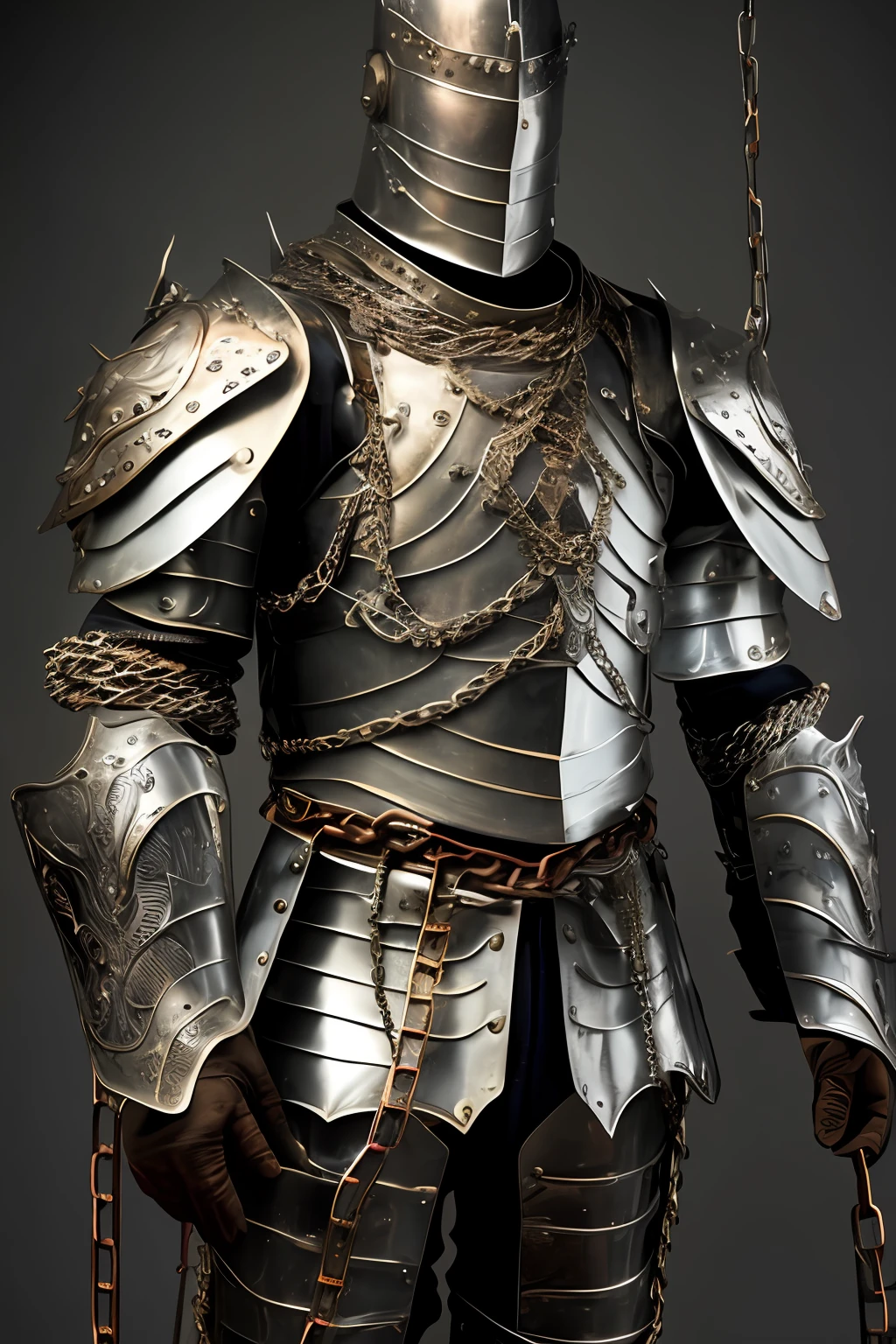 A close-up of a man in an armor suit with chains, clothed in ancient battle armor, covered in full metal armor, knight wearing plate armor, light coming off of the armor, Wearing full metal armor, Thick all-bronze armor, the the man is wrapped in chains, Fantasy warrior in full armor, wearing intricate steel armor, Knight in armor