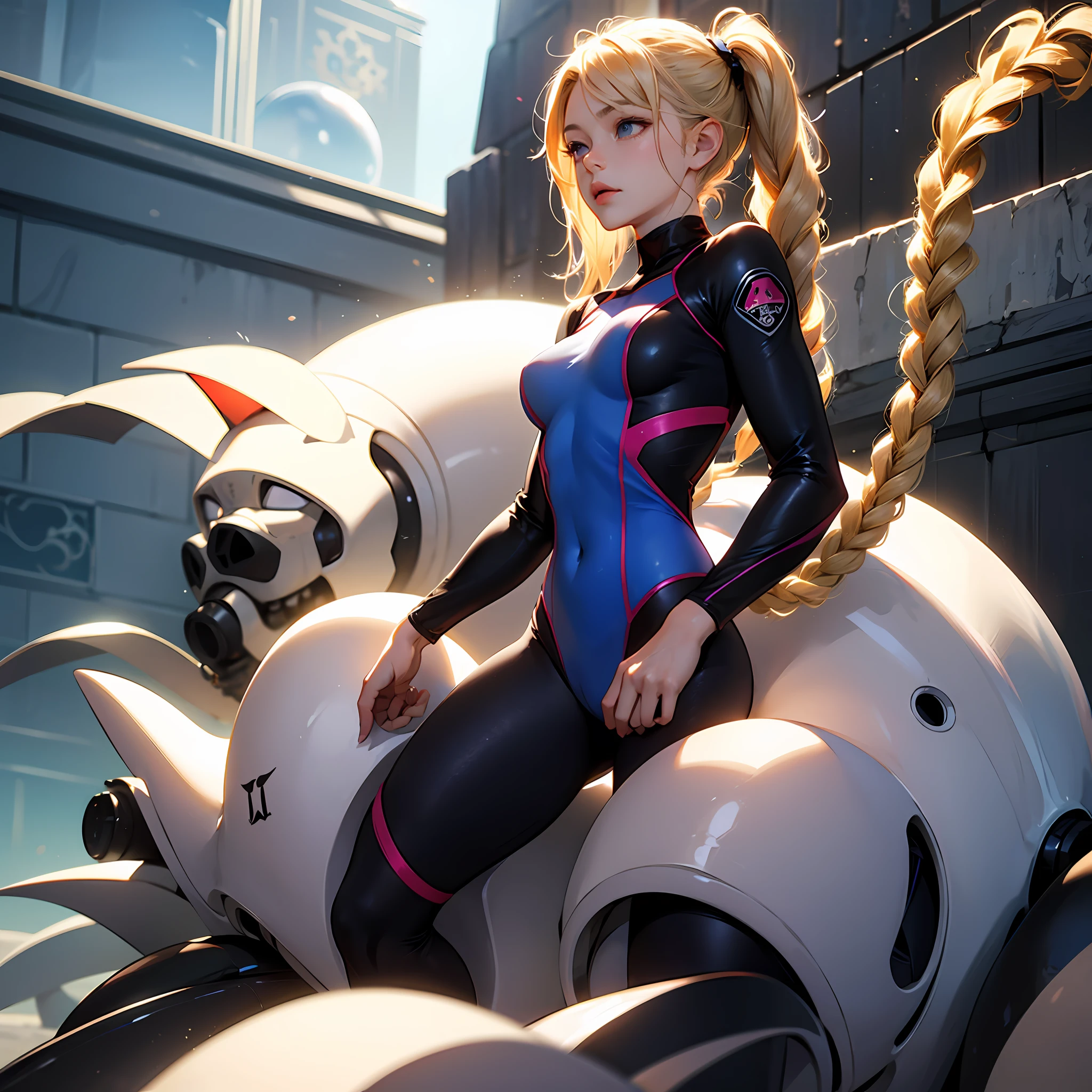 tmasterpiece, Best quality at best, 1girll, 独奏, 1girll, (lambda-11), blond hairbl, blond eyes, (Single braid), pigtails, mediuml breasts, tightsuit, unit, palaces,Quiet --auto