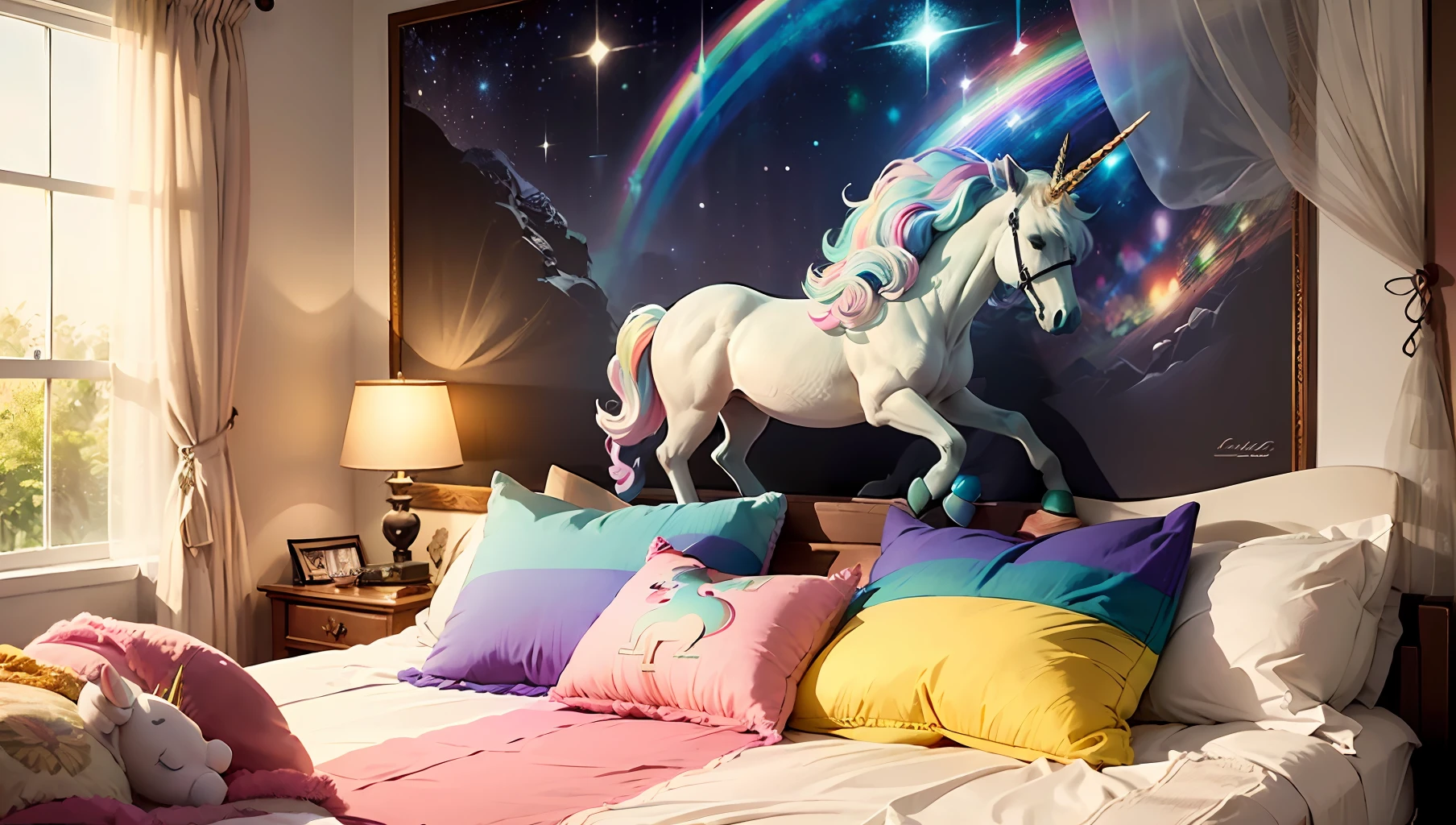 (pastel color palette,magical room design,rainbow and unicorn decor,light and airy atmosphere),(cozy and comfortable bed, fluffy pillows, soft blankets),(lush rug, stunning curtains),(fairy lights, sparkling unicorn figurine, colorful posters, rainbow throw pillows),(creative storage solutions, whimsical accents),(dreamy and enchanting ambiance, playful and fun decor) --auto