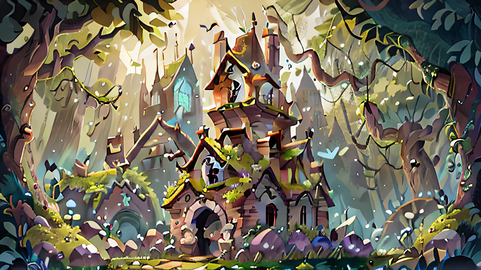 enchanted mystical village in a forest, well lit, colorful