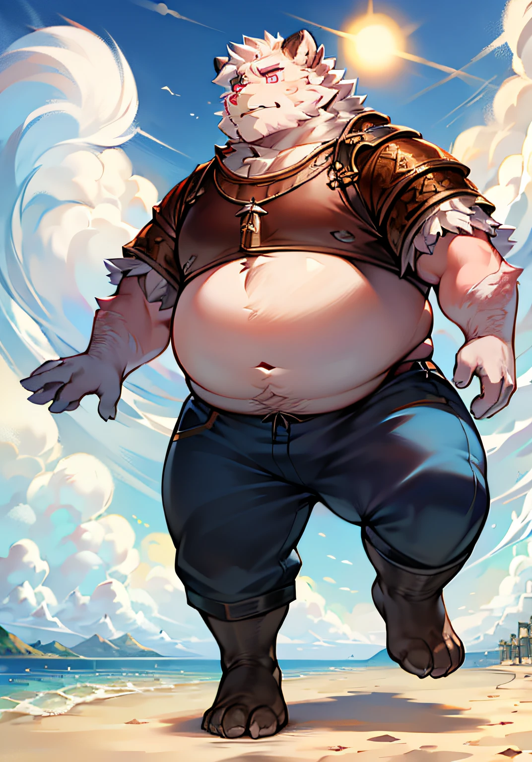 Background with：The sky is as blue as water，and the sun was shining brightly，Rough waves on the white sand beach。Character characteristics：Pale pink eyes，The hairy body is particularly fat。garments：Medieval traveler trousers are elegant and flowy。