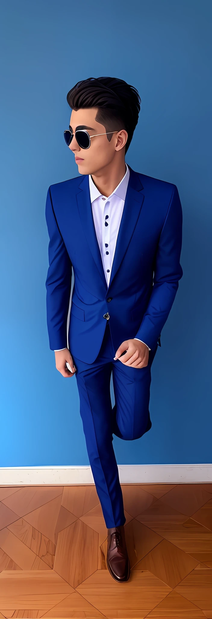 there is a young man and woman in a blue suit and sunglasses, wearing suit, wearing jacket, formal attire, well dressed, he is wearing a suit, jose miguel roman frances, in a suit, suit, dressed in a suit, wearing blue jacket, in a business suit, blue jacket, blue suit, andres rios, suit and tie, dressed well