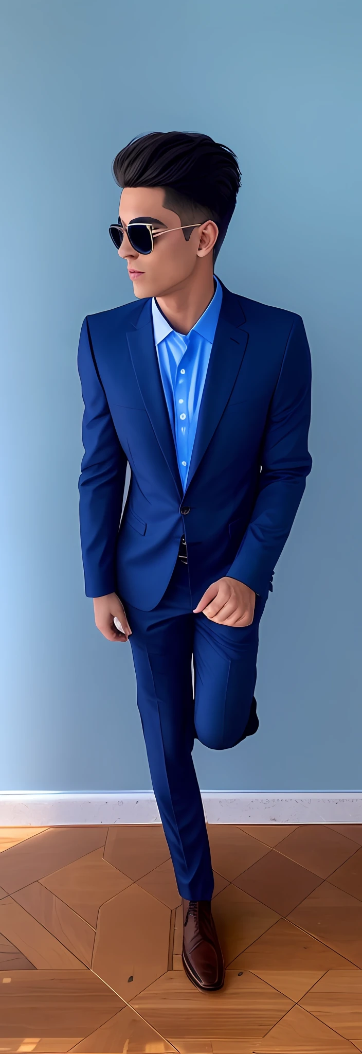 there is a young man and woman in a blue suit and sunglasses, wearing suit, wearing jacket, formal attire, well dressed, he is wearing a suit, jose miguel roman frances, in a suit, suit, dressed in a suit, wearing blue jacket, in a business suit, blue jacket, blue suit, andres rios, suit and tie, dressed well