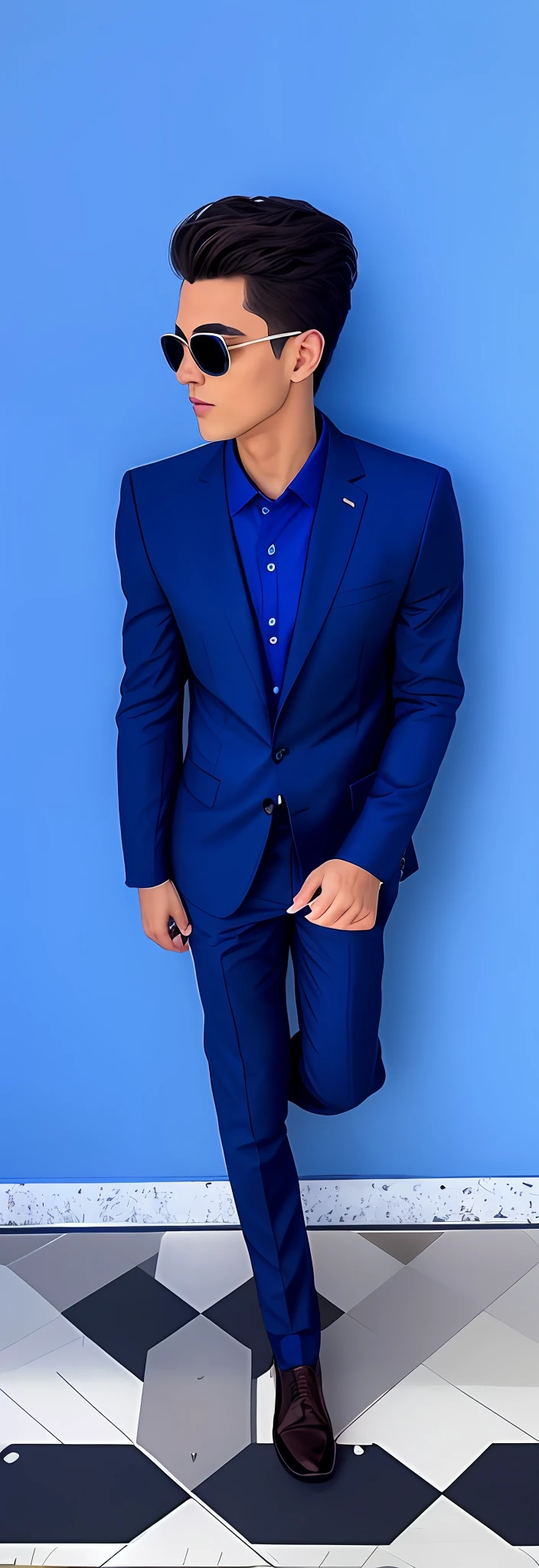 there is a young man and woman   in a blue suit and sunglasses, wearing suit, wearing jacket, formal attire, well dressed, he is wearing a suit, jose miguel roman frances, in a suit, suit, dressed in a suit, wearing blue jacket, in a business suit, blue jacket, blue suit, andres rios, suit and tie, dressed well