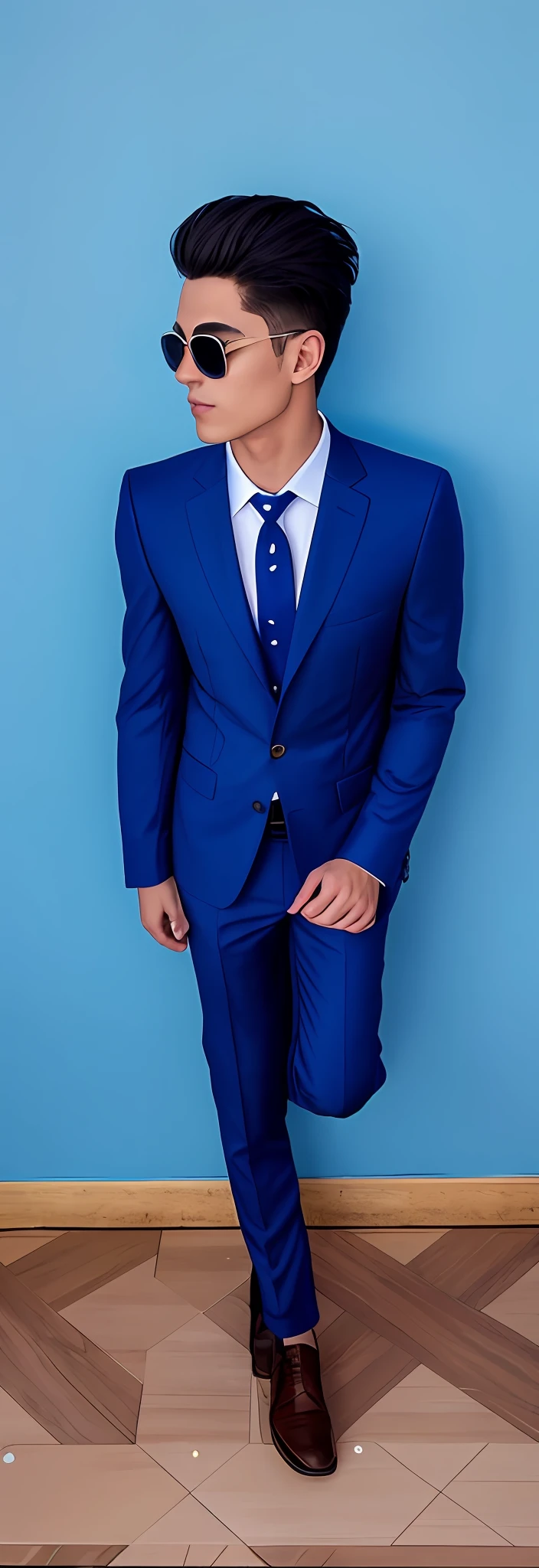 there is a young man and woman in a blue suit and sunglasses, wearing suit, wearing jacket, formal attire, well dressed, he is wearing a suit, jose miguel roman frances, in a suit, suit, dressed in a suit, wearing blue jacket, in a business suit, blue jacket, blue suit, andres rios, suit and tie, dressed well