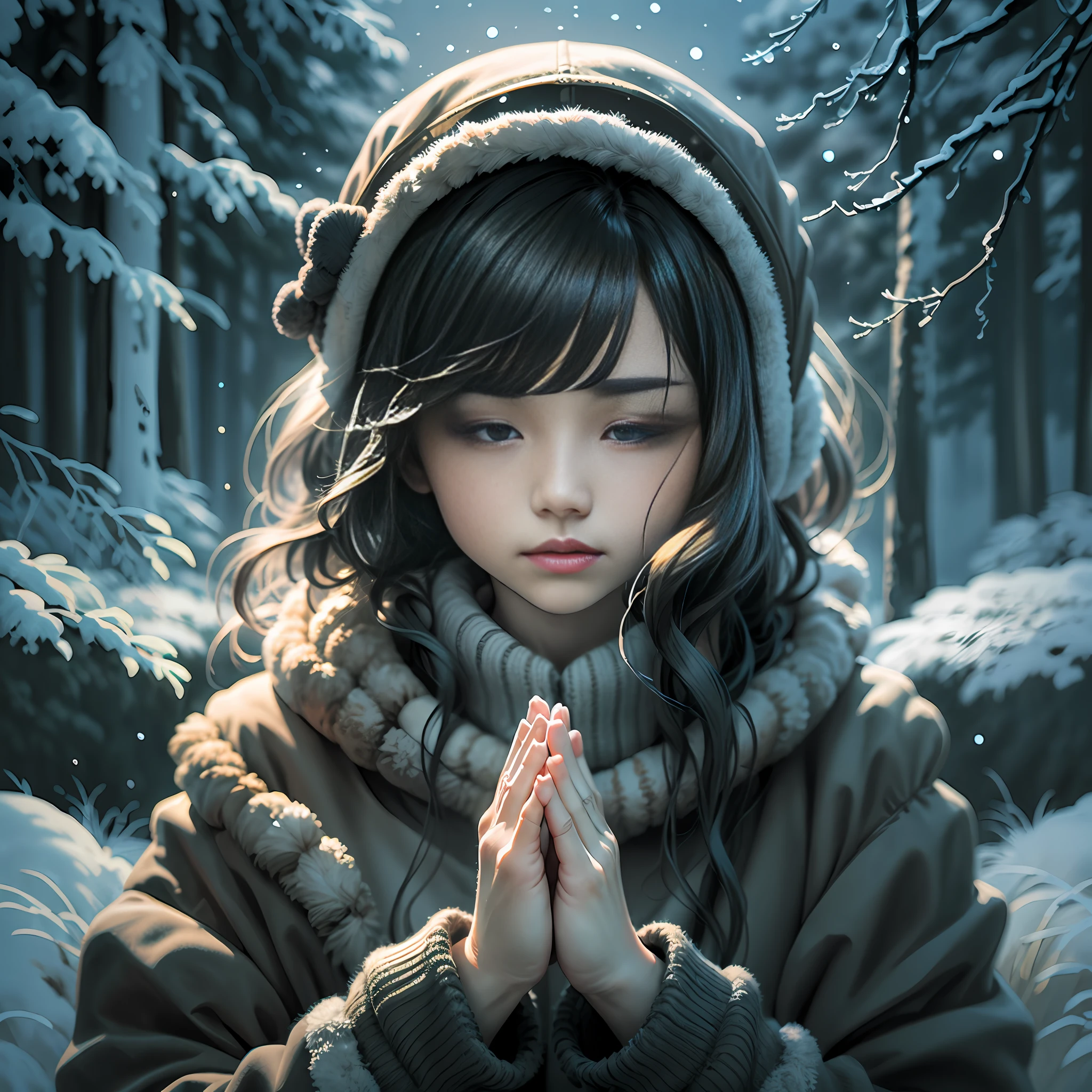femele,winter day,The environment is dim,Side half,eye closeds,Put hands together andpray,solo person,black color hair