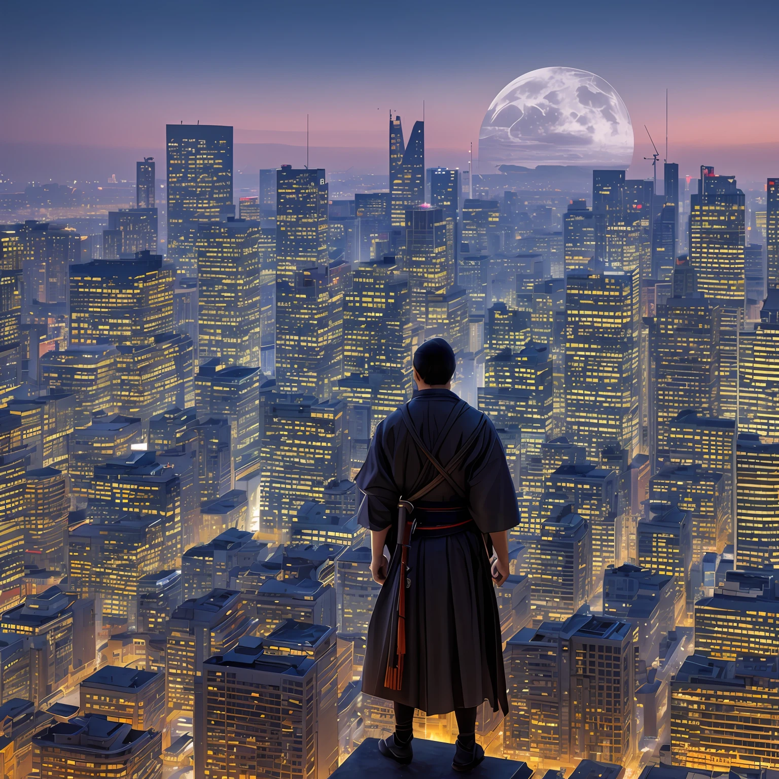 Black cape,dark red eyes,Black hair,Stand in the city of the night,High-rise buildings overlook the busy streets。 --auto