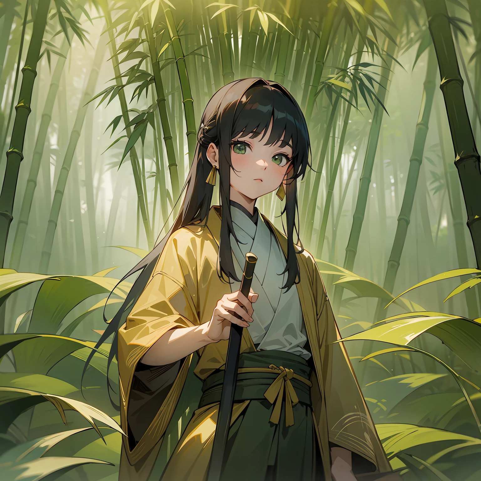 Japanese style,a beauty girl,small loli,Moe Moe,bamboo forrest,and the wind,kotori,adolable,in pink, A forest trail that emits natural light。 --auto