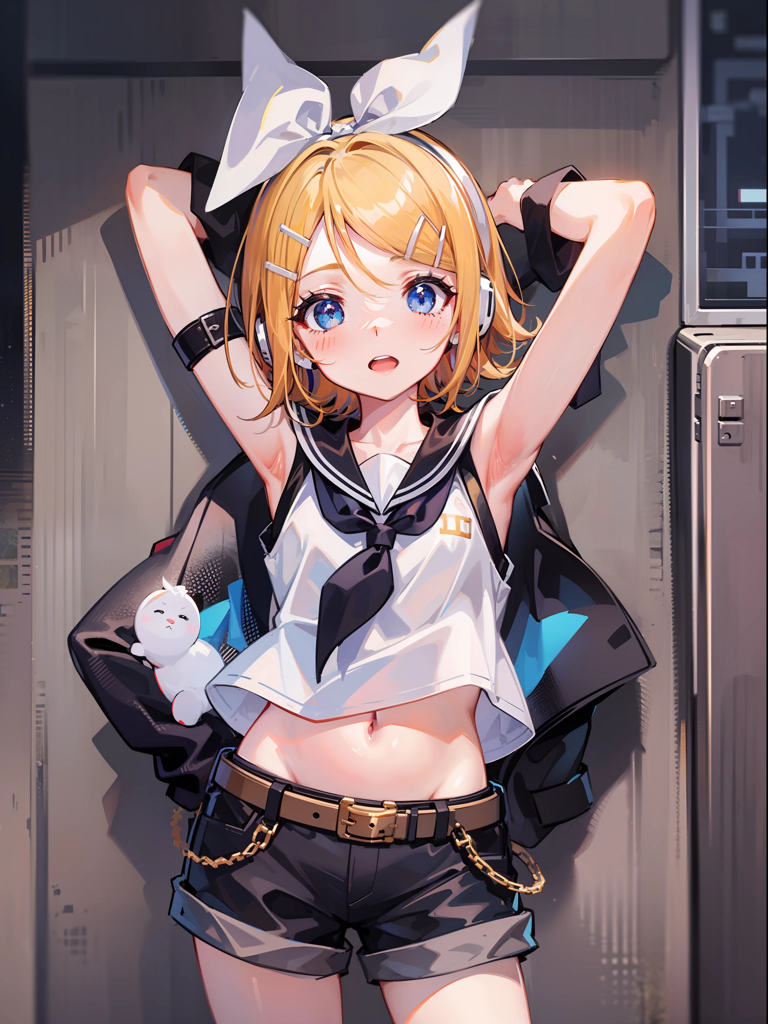 best quality, ultra precision, one girl, (Kagamine_Rin), blue eyes, sailor collar, short pants, sleeveless, headphone, belt, white shirt, young, child, cool, boyish,