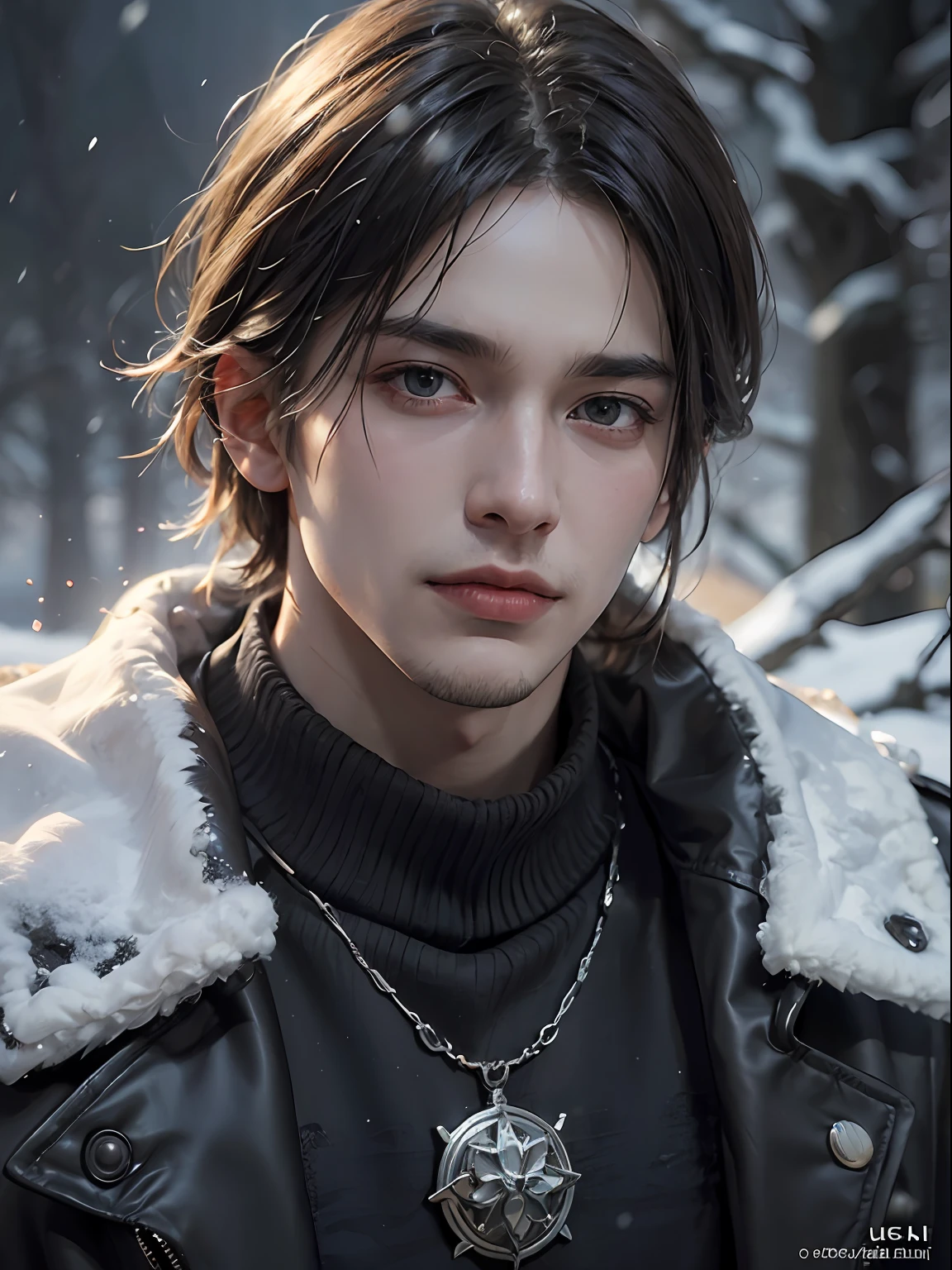 (closer view), 1man, solo focus, adult, pale and young adult face, short black hair, black trench coat, God of frost, realistic, looking at the camera, slightly smiling, king, frost mountain, summon frost and snow, LEON S. KENNEDY, handsome, attractive, slightly muscular, cinematic lighting, unreal engine, trending on ArtStation, intricate details,  masterpiece, best quality, by Irakli Nadar, Greg Rutkowski，(((best quality))),(((ultra detailed))),(((masterpiece)))