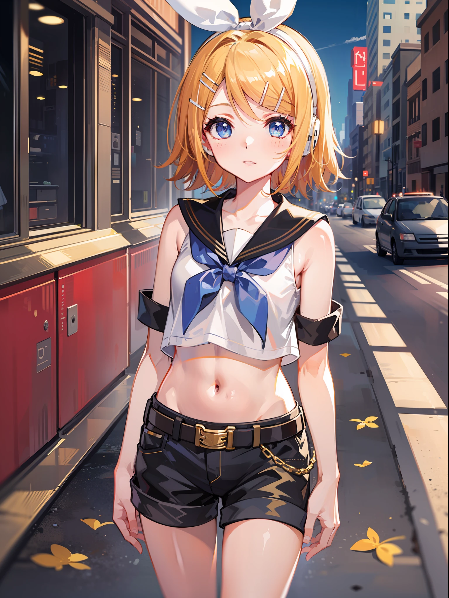 best quality, ultra precision, one girl, (Kagamine_Rin), blue eyes, sailor collar, short pants, sleeveless, headphone, belt, white shirt, young, child, cool, boyish,