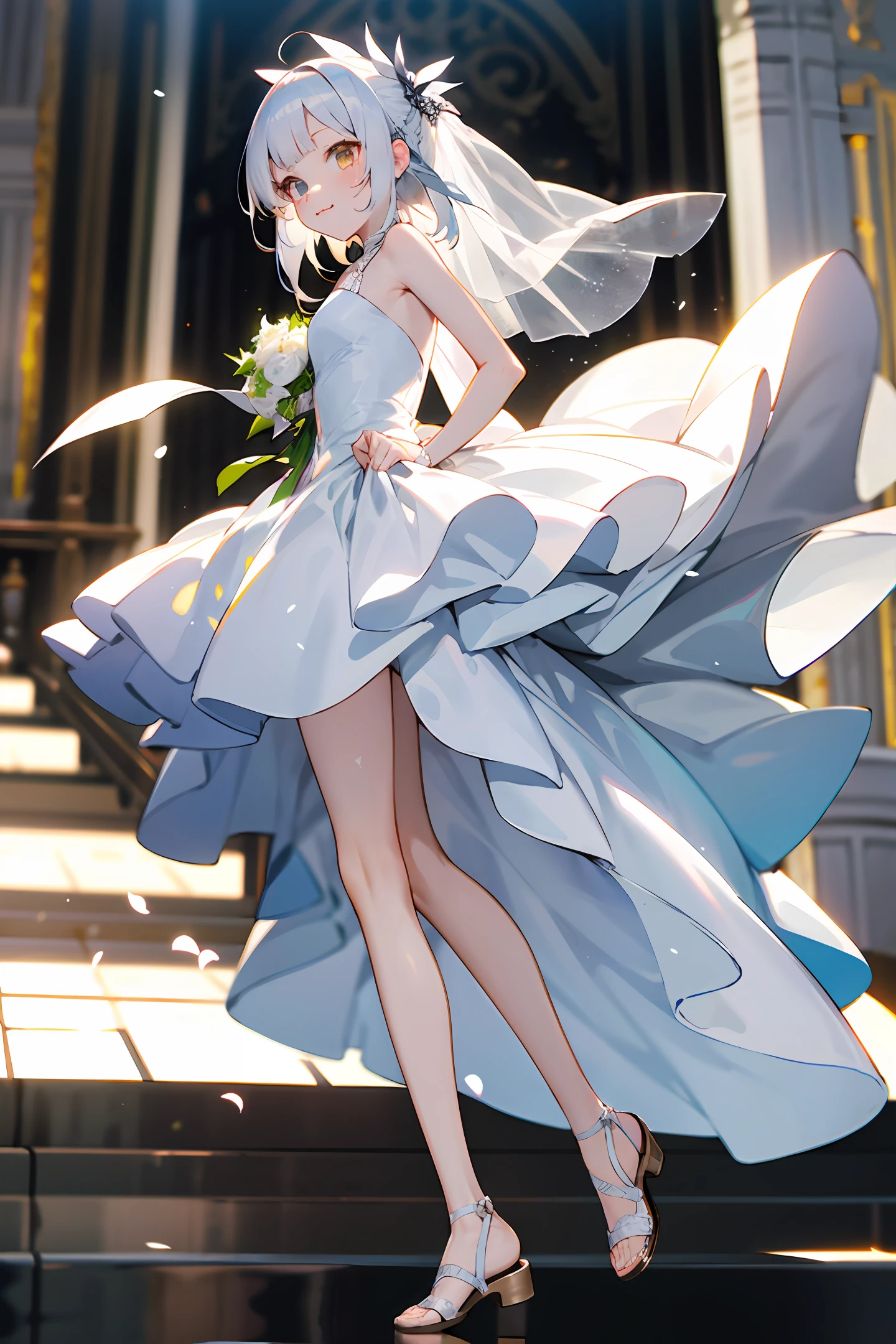 Girly face white skin silver hair full body bare legs white stockings fishmouth sandals superb wedding dress