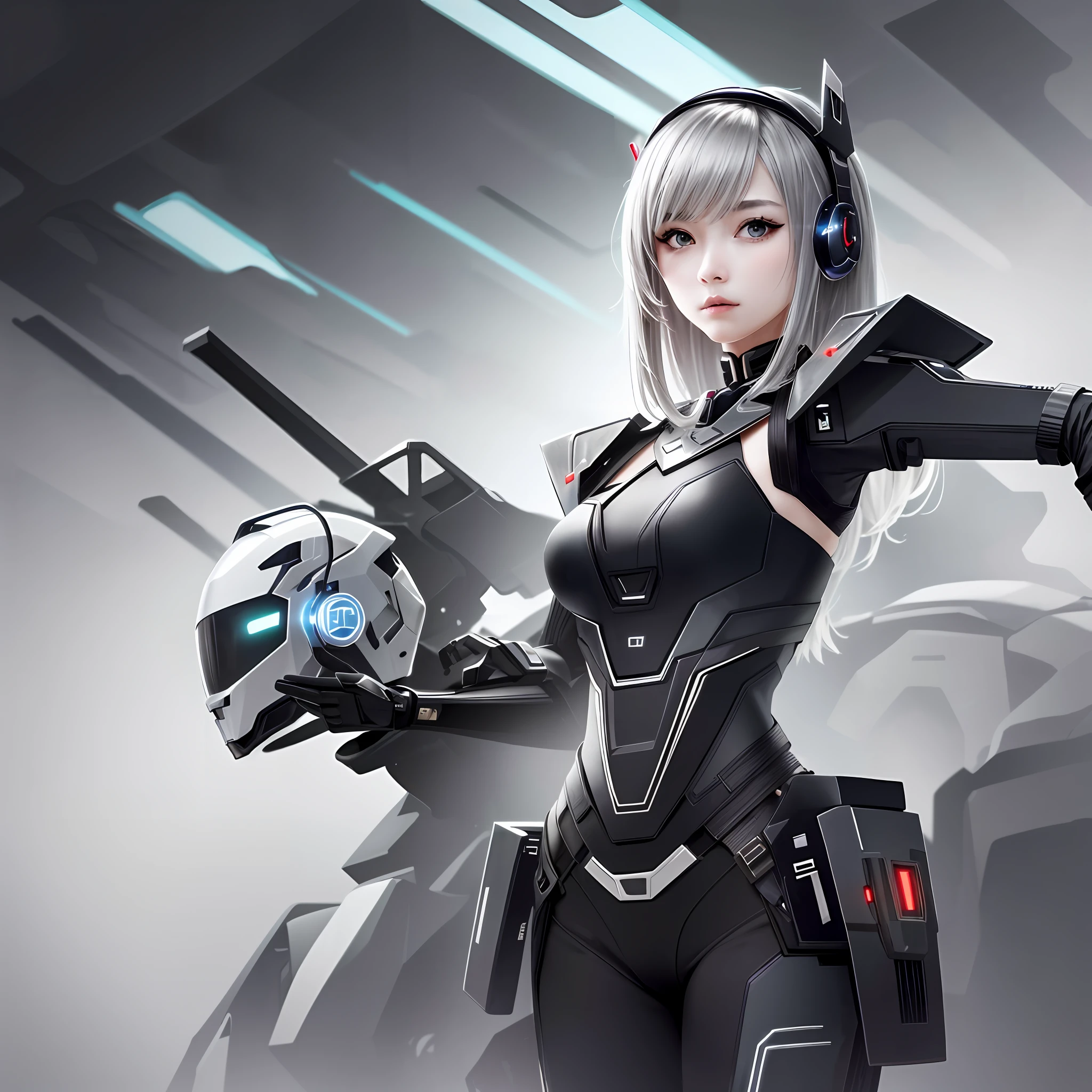 cyber punk perssonage,Silver-haired girl,The mech stood behind the girl。