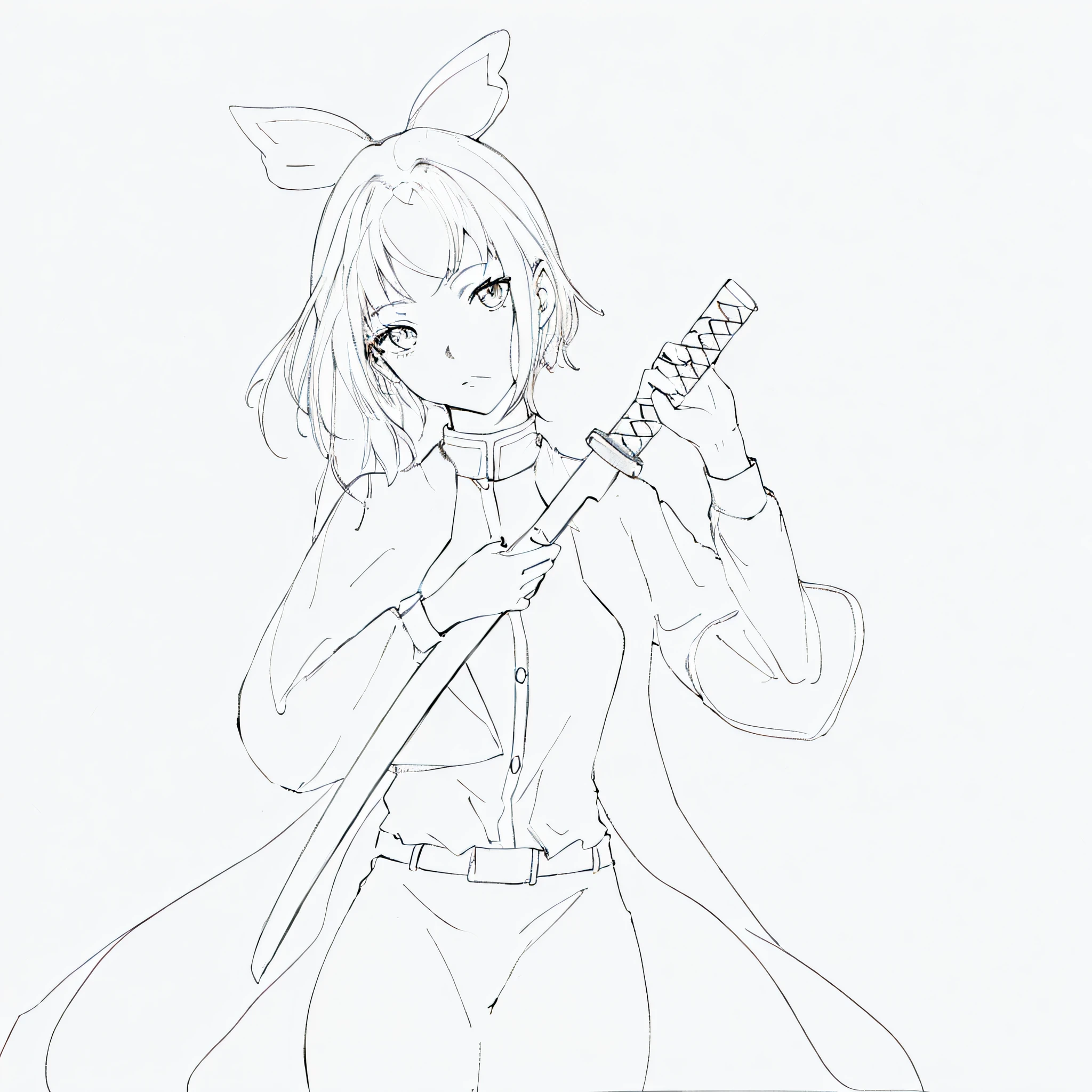 A painting of a girl with a sword in her hand, clean lineart, clean anime outlines, linear art, perfect lineart, Simple lines of art, sharp lineart, Line art!!, thick lineart, bold lineart, thick black lineart, Outline sketch, Line sketch!!, she is holding a katana sword, Line sketch, demon slayer rui fanart --auto