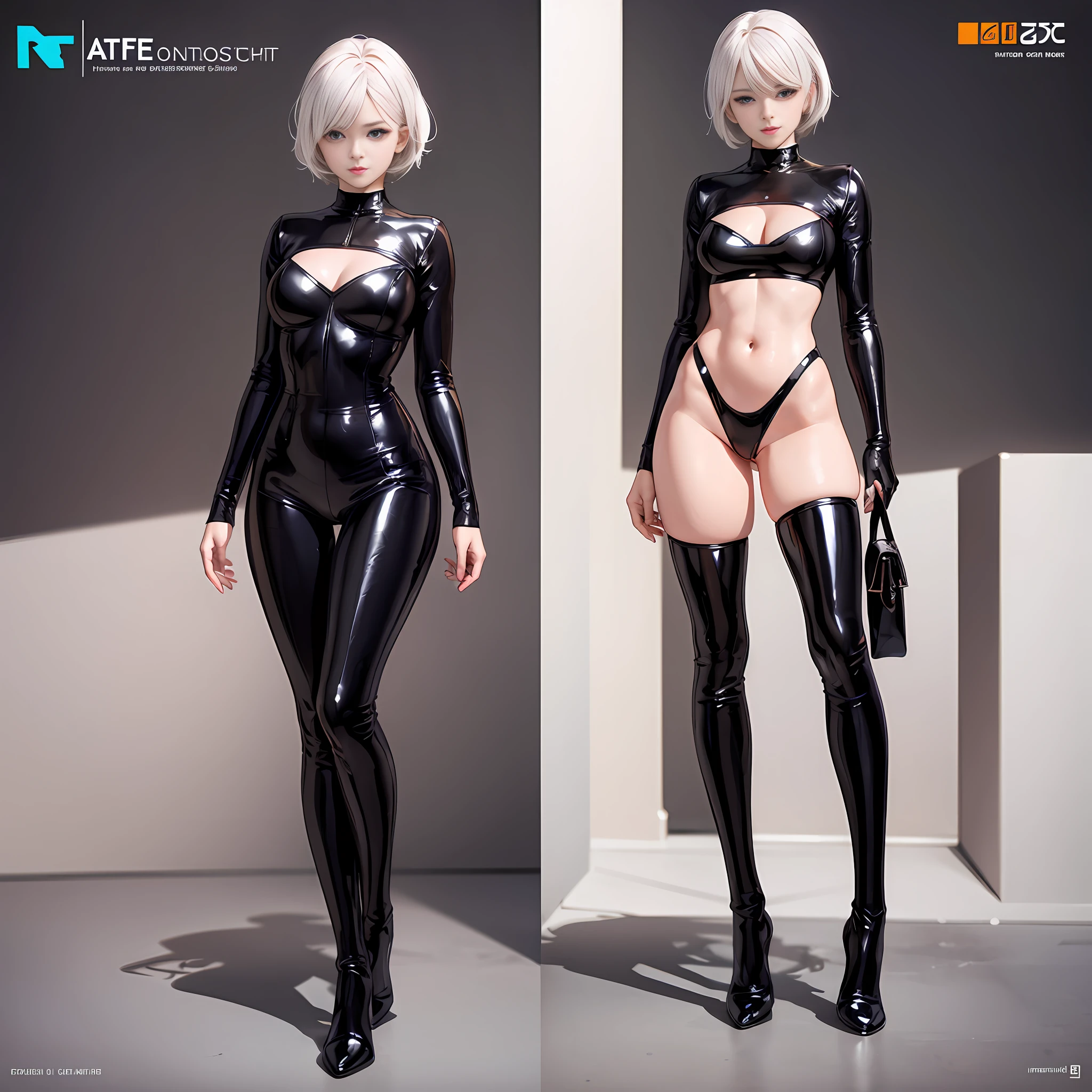 Alafi posing in a black latex suit and patent leather thigh boots, Full body CGsociety, 2 b, 2b, photorealistic anime girl rendering, photorealistic full body, very sexy outfit, realistic shadow perfect body, wearing black latex clothing, nier inspired, photorealistic perfect body, Sexy pose, Sexy outfit, sexy dominant pose, black latex, Shiny white skin,standing on your feet,Body palmistry --auto