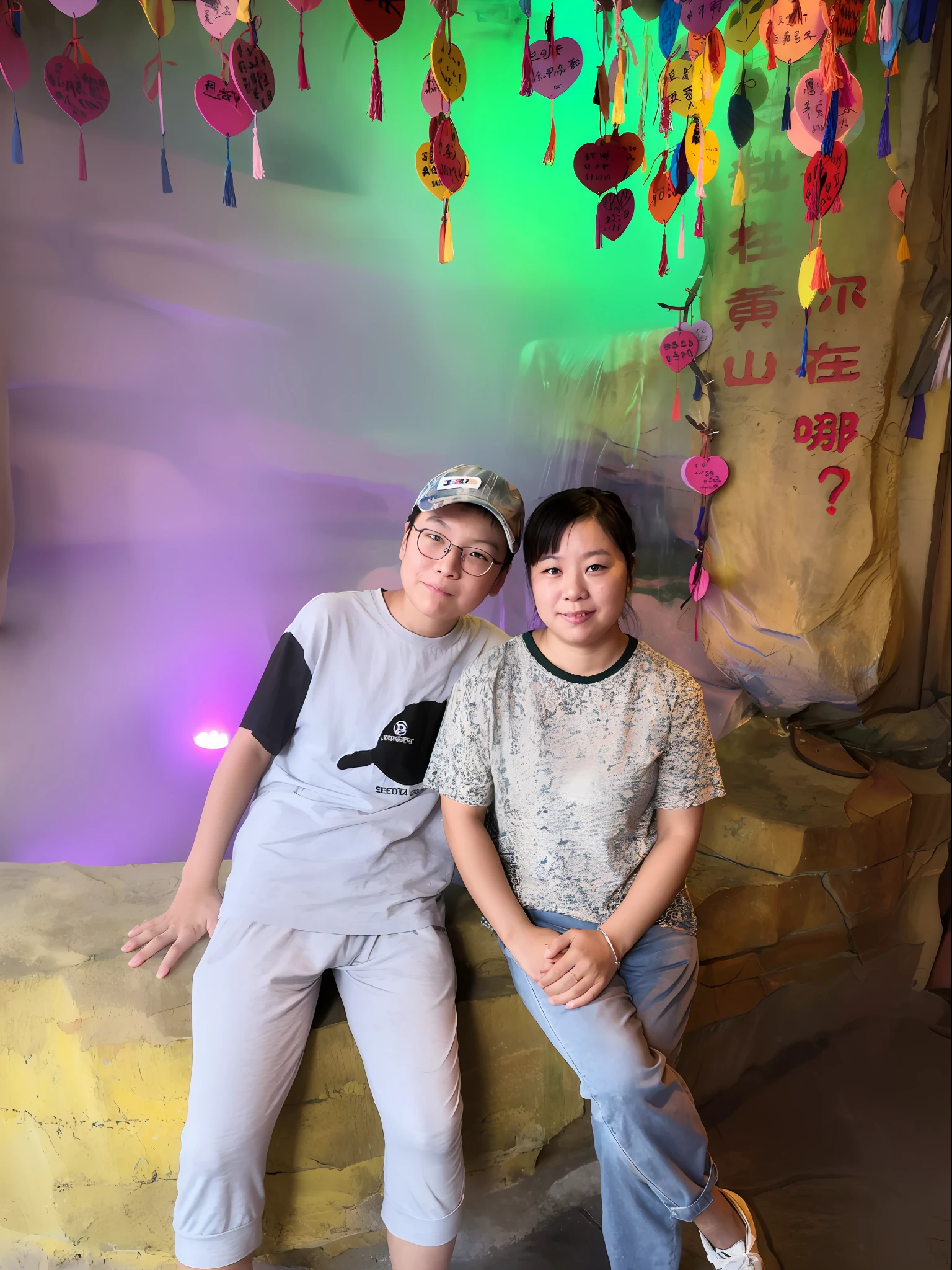 On a stone bench in front of the wall sat two women,, photograph taken in 2 0 2 0,  ???,  Uptrend ，,  shot on nikon z9, With a Chinese temple