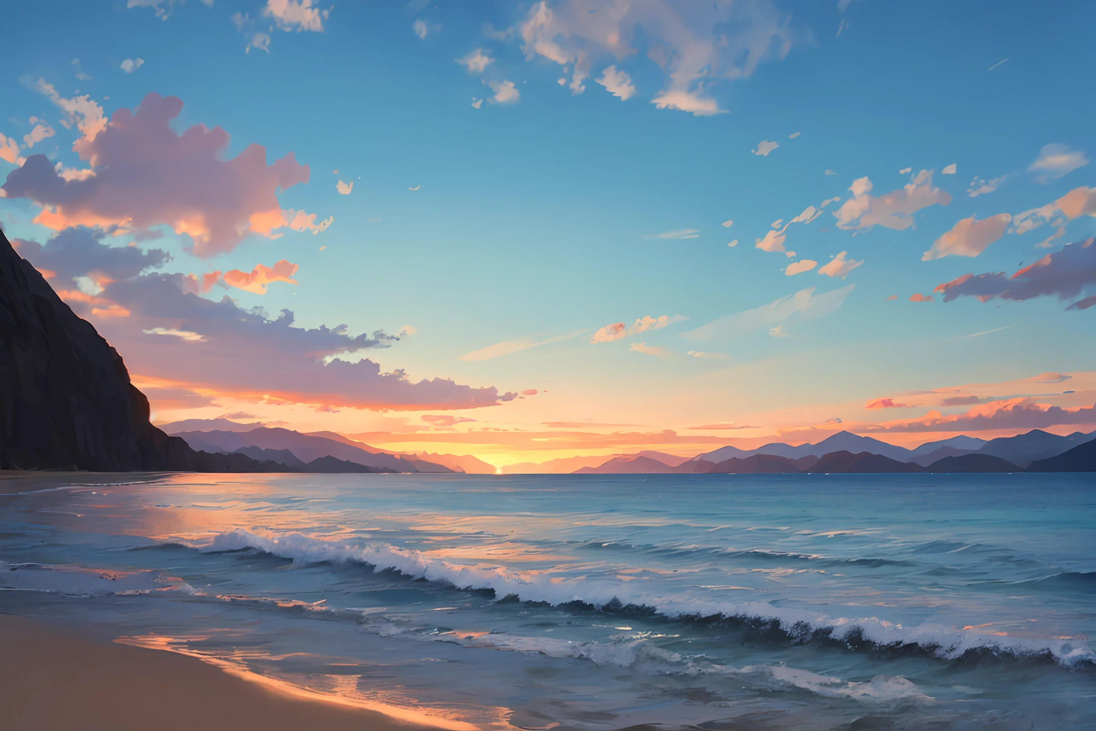 sea beach,swell sea,Mountains in the distance,The sea and the sky are the same,evening light,setting sun