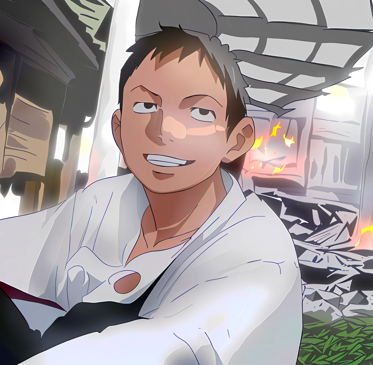 1boy, wanostyle, monkey d luffy, smiling, straw hat, looking at viewer, solo, upper body, ((masterpiece)), (best quality), (extremely detailed), depth of field, sketch, dark intense shadows, sharp focus, soft lighting, hdr, colorful, good composition, fire all around, spectacular, closed shirt, anime screencap, scar under eye, ready to fight, black eyes