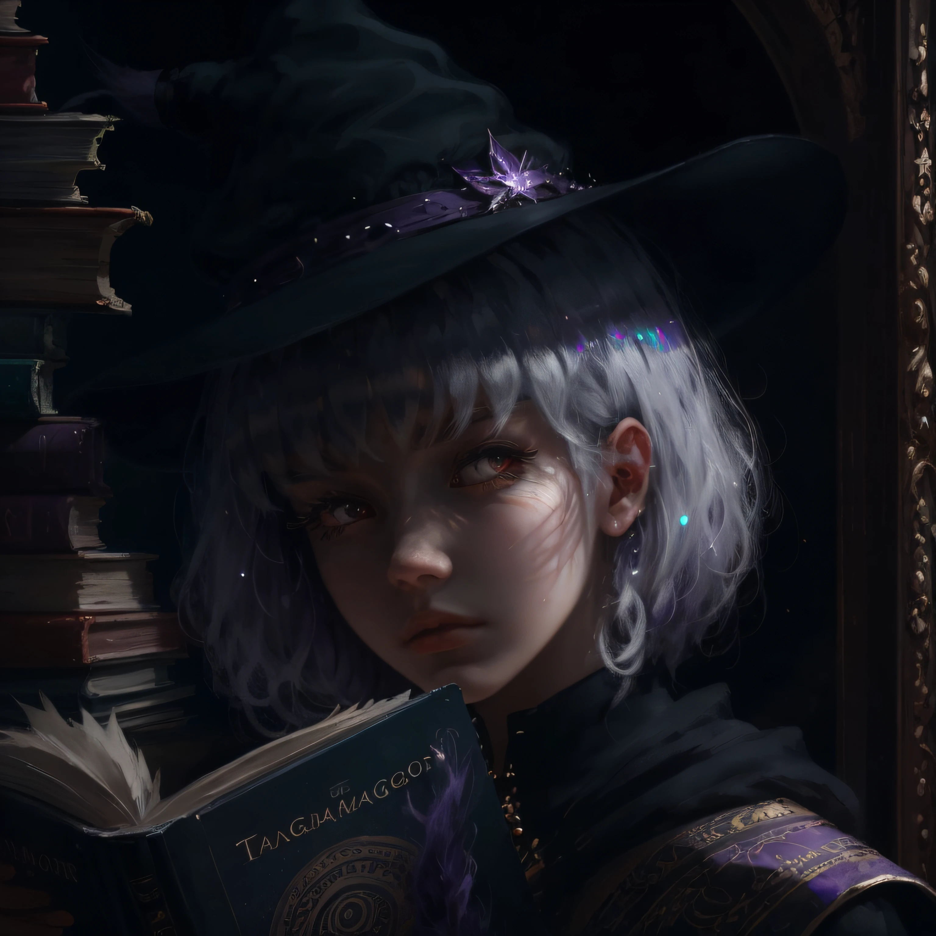 white hair, purple eyes, purple wizard hat, long eyelashes, solid circle eyes, books, high tower, wavy hair, asymmetrical bangs, drop shadow, anaglyph, stereogram, tachi-e, atmospheric perspective, backlighting, anaglyph, chiaroscuro, fading border, lens flare, Classicism, Expressionism, anime, modern, 8k, super detail, ccurate, best quality, UHD --auto