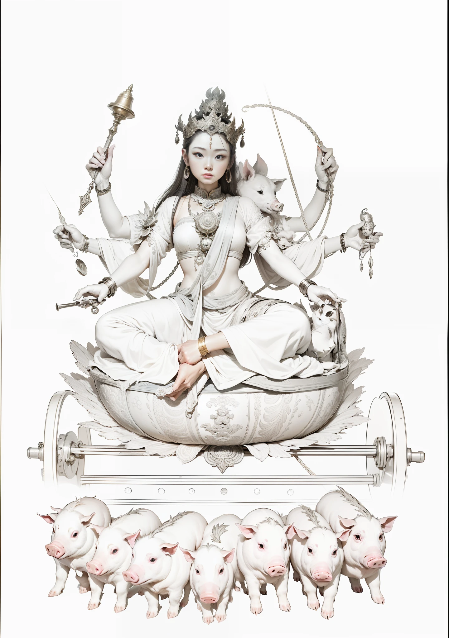Three-headed and eight-armed female bodhisattva,sitting on a rook,A total of eight hands hold various magic weapons,Skin is moist,Bundled hair with a golden crown,jewelry,Yingluo,Azure dress,There are seven piglets pulling the cart side by side with ropes in front of the car,There is a round light behind the bodhisattva,The light shines,Blue sky in the background,Draw a white moon on the left,Draw a sun on the right,The characters are vivid and vivid,Light is positive light,The light is uniform and bright,The characters are bright and natural,Photographic techniques,