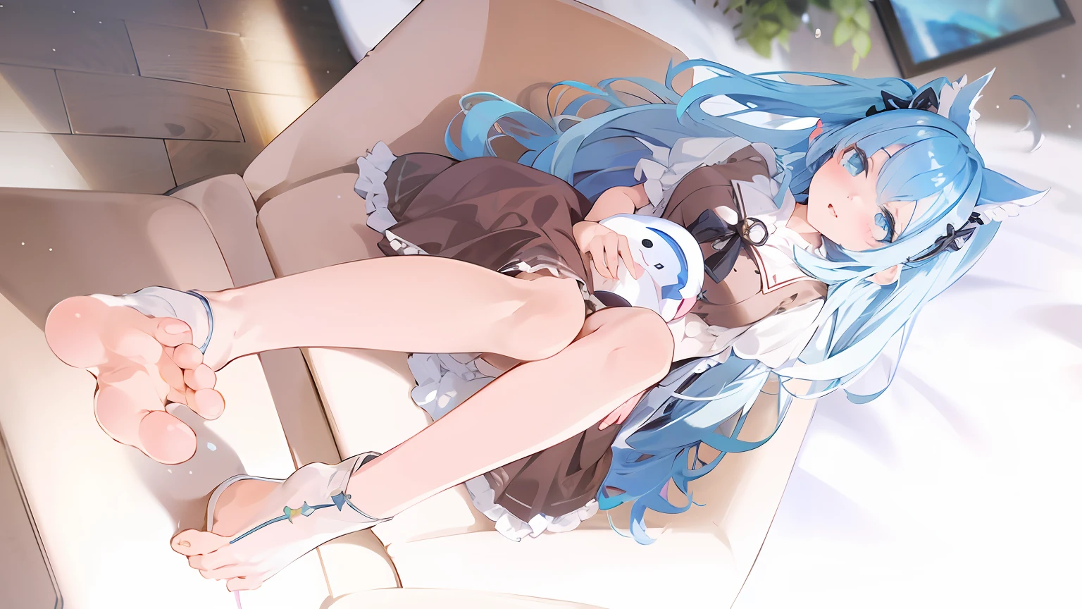 Anime girl with blue hair and blue eyes lying on chair, Best Rated on pixiv, Smooth anime CG art, pixiv 3dcg, trending on cgstation, A scene from the《azur lane》videogame, anime visual of a cute girl, hololive, Rem Rezero, the anime girl is crouching, at pixiv, trending on pixiv