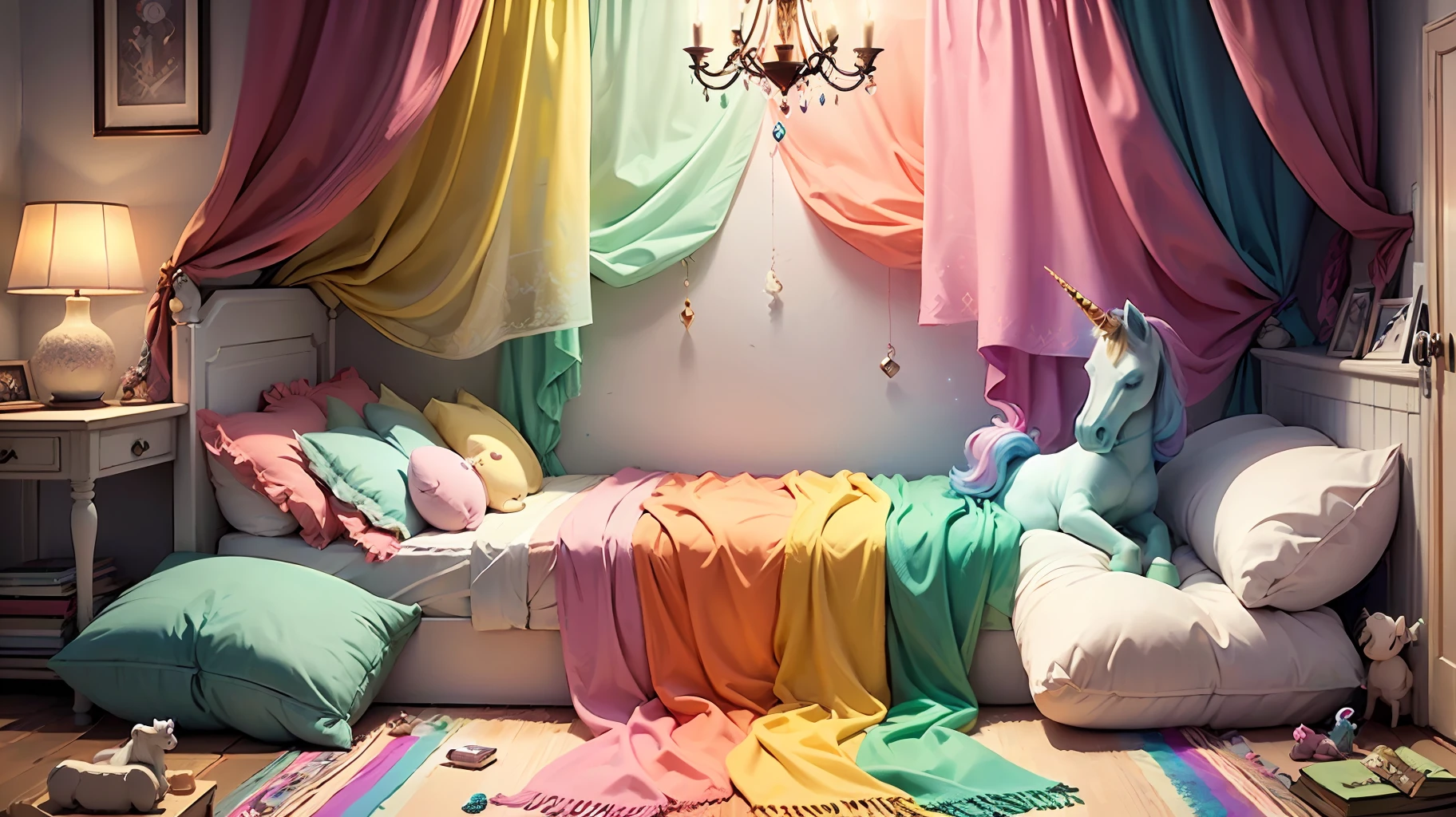 (pastel color palette,magical room design,rainbow and unicorn decor,light and airy atmosphere),(cozy and comfortable bed, fluffy pillows, soft blankets),(lush rug, stunning curtains),(fairy lights, sparkling unicorn figurine, colorful posters, rainbow throw pillows),(creative storage solutions, whimsical accents),(dreamy and enchanting ambiance, playful and fun decor) empty room with nobody inside of it.