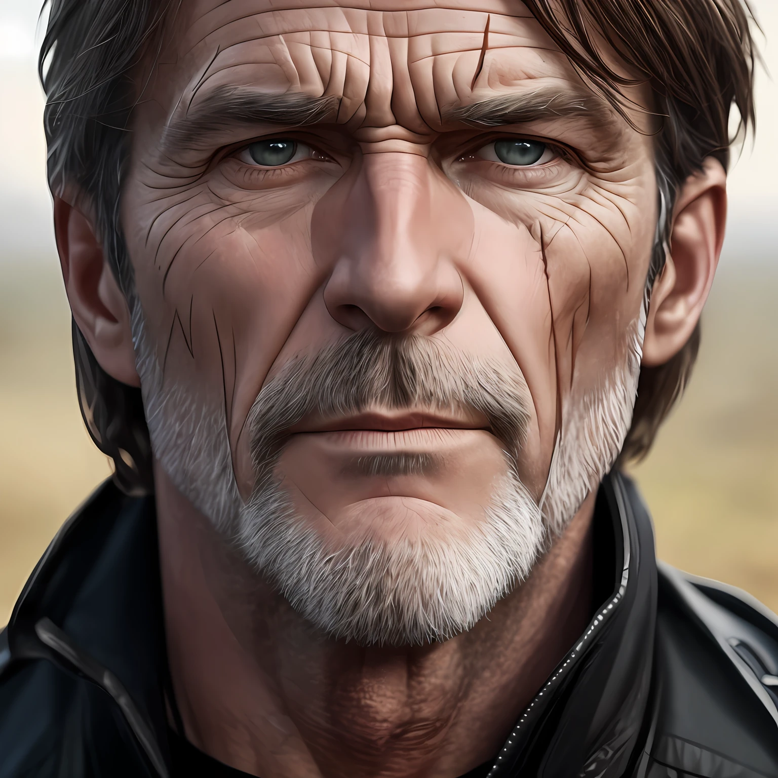 (A resolute middle-aged Irish man)Realistic photos of short brown hair,dressed in a black jacket,at the battlefield,Clear facial features,8K high resolution,sharp and realistic details,Angular muscles,Many scars on the face --auto