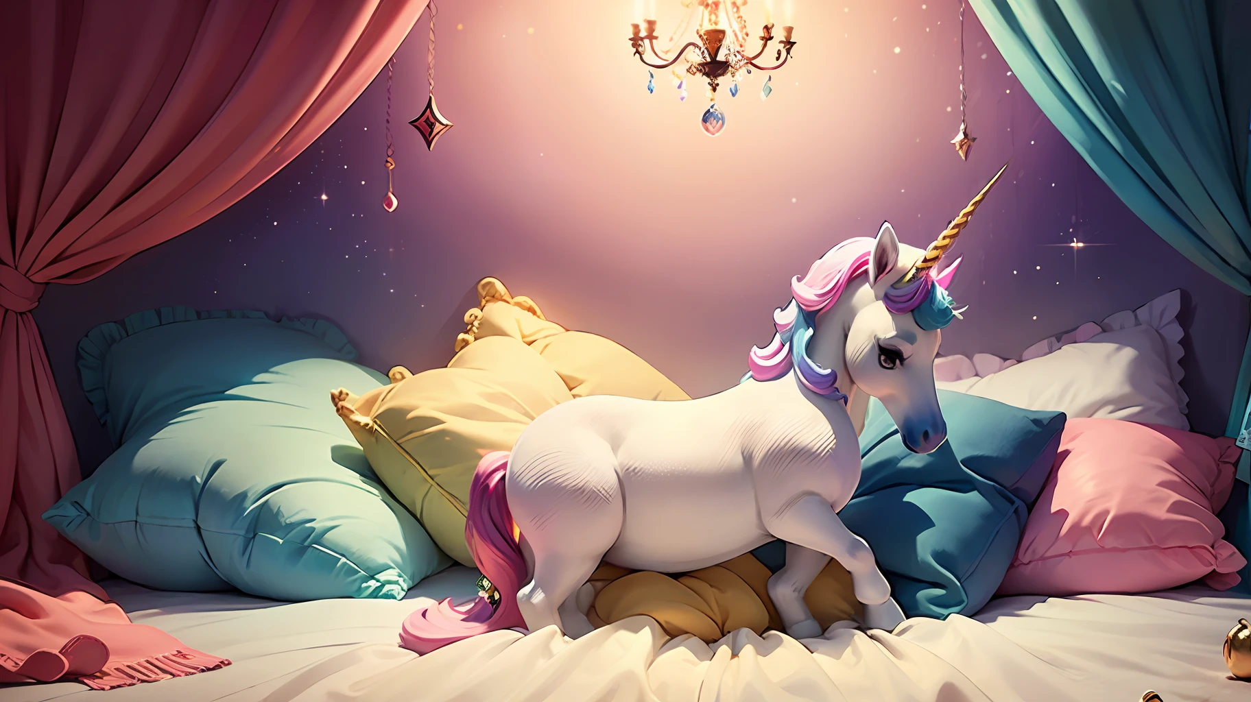 (pastel color palette,magical room design,rainbow and unicorn decor,light and airy atmosphere),(cozy and comfortable bed, fluffy pillows, soft blankets),(lush rug, stunning curtains),(fairy lights, sparkling unicorn figurine, colorful posters, rainbow throw pillows),(creative storage solutions, whimsical accents),(dreamy and enchanting ambiance, playful and fun decor) empty room with nobody inside of it.