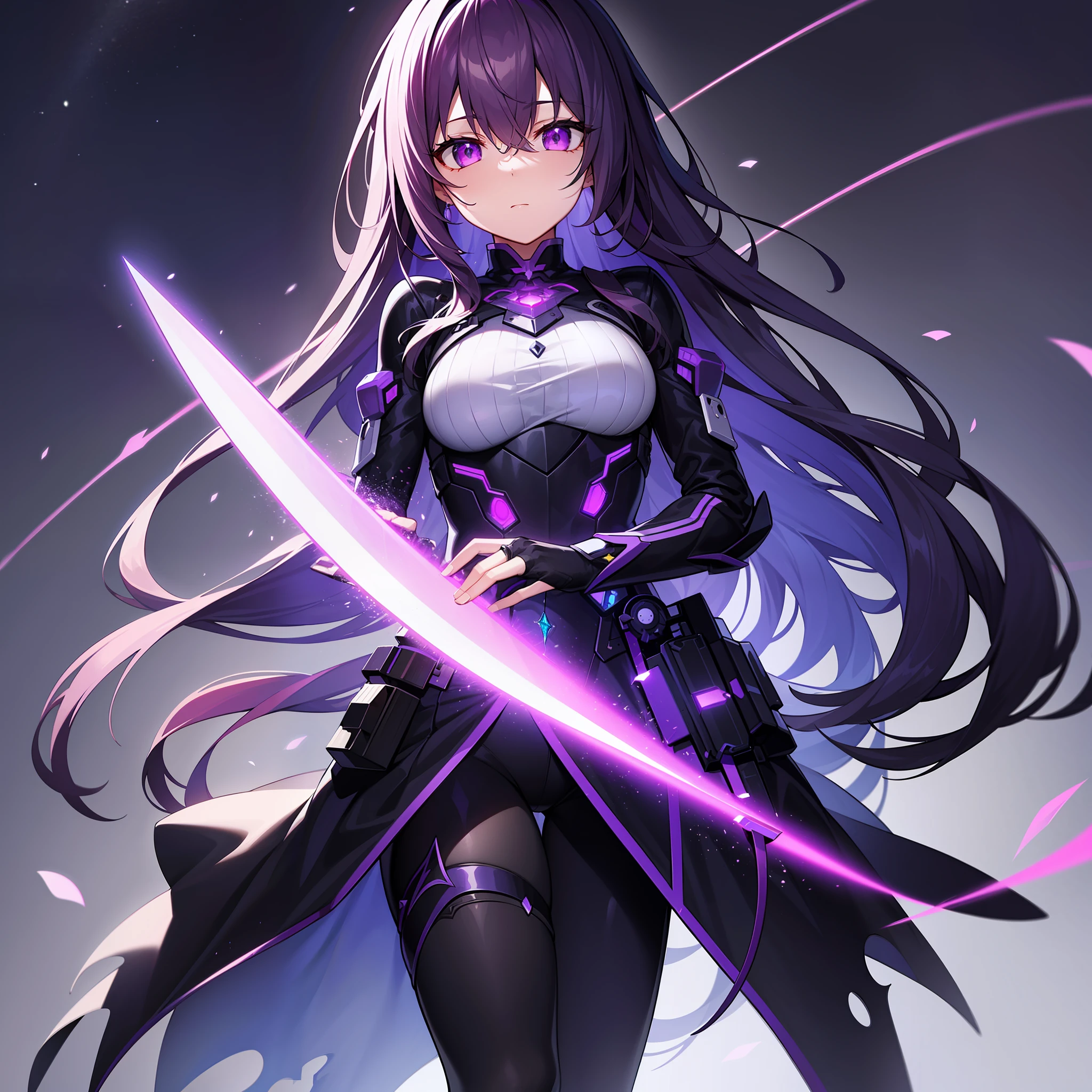 Highest image quality,tmasterpiece。Humanoid mech,breastsout,Reflective black metal housing,Some parts are dark purple composites,Decent inlaid with a large number of small purple lamps,The eyes are a purple strip of light,Holding a purple laser wide sword。The hilt is black reflective metal,The hilt is inlaid with a large number of small purple spherical lamps。The background is the highest quality starry sky