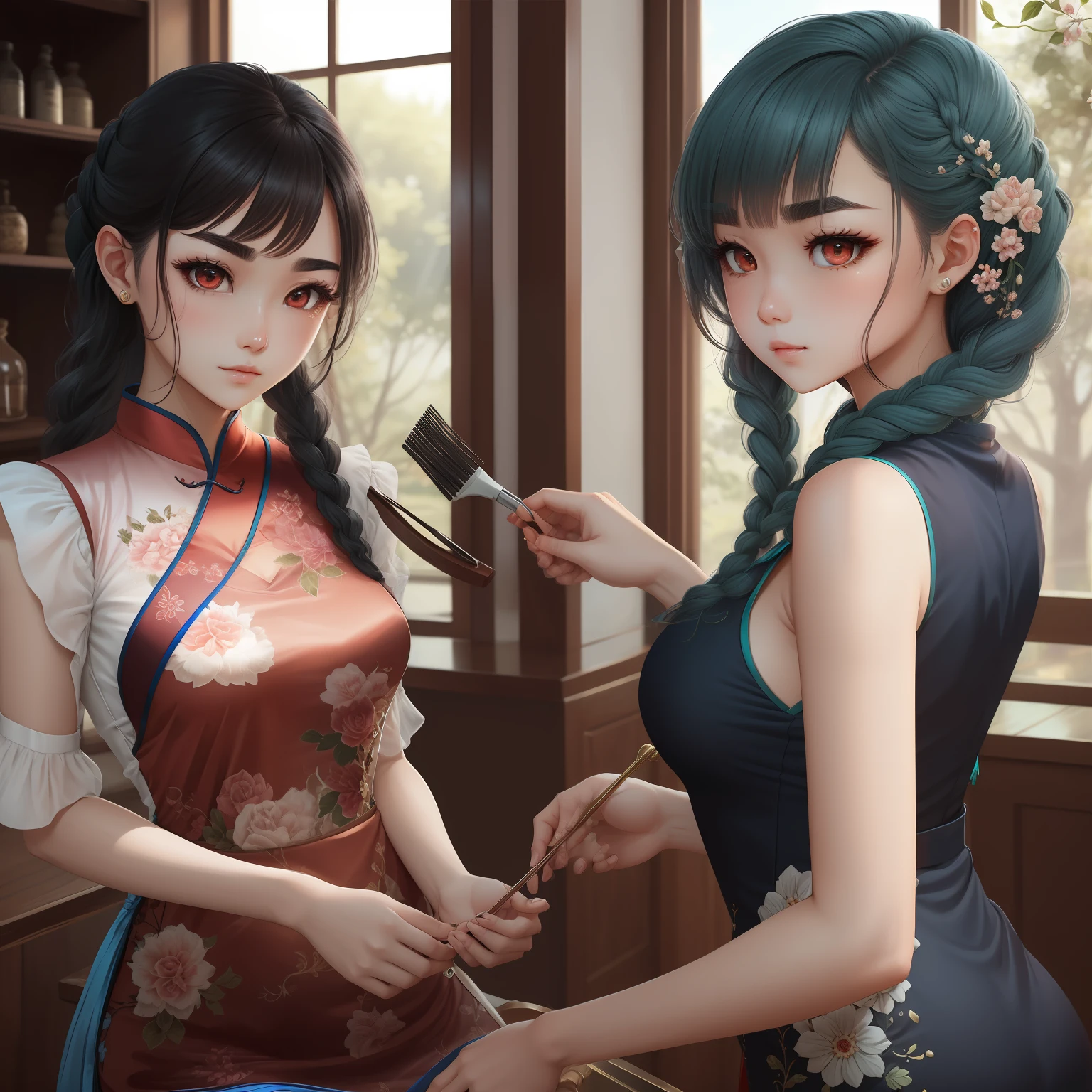 classical,fine eyebrows,tender feelings,Right twist weaving,whaite hair,on cheongsam,full bodyesbian,k hd ,Fox eyes,Red eyes