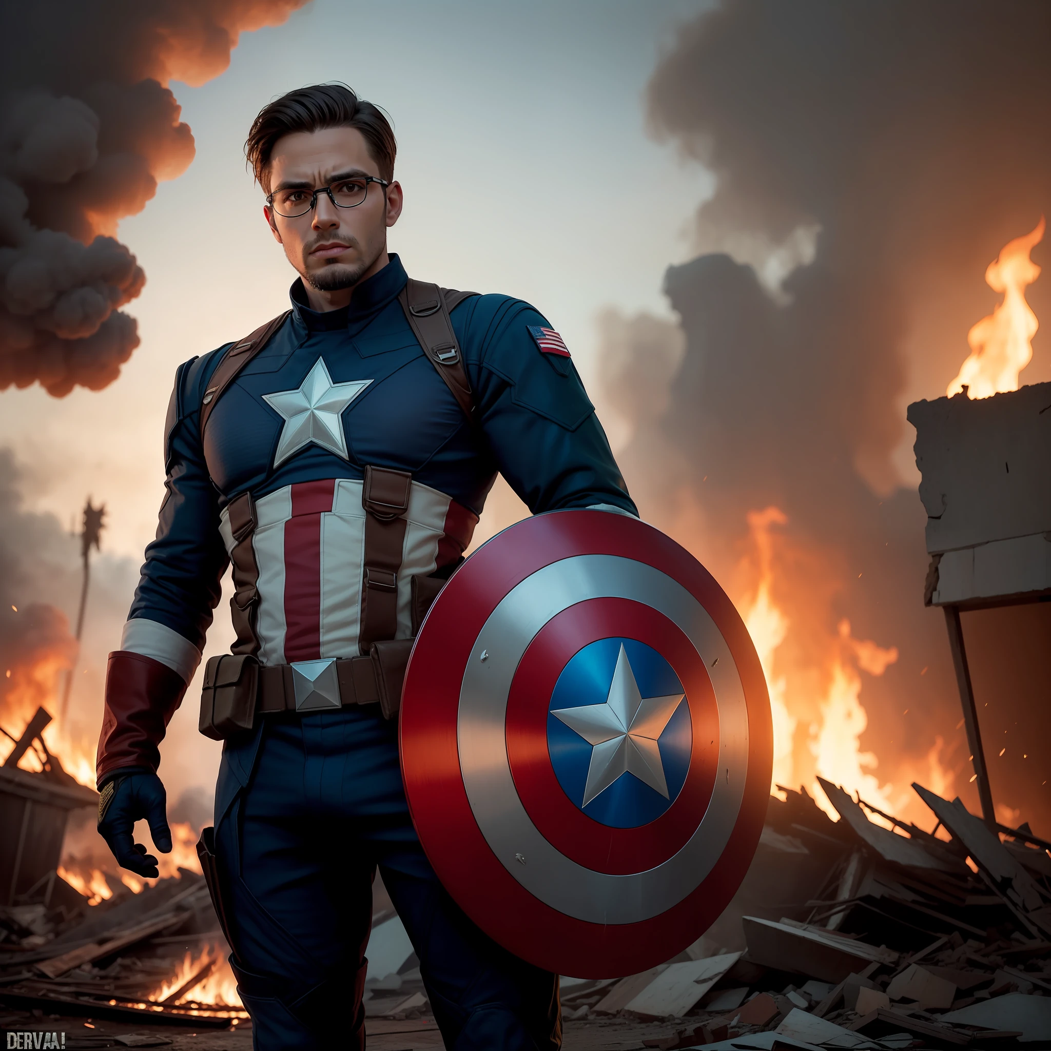 Homem ((negro, 30 anos, eyeglass, cavanhaque, cabelo militar)) with Captain America's uniform damaged,in the background ruins and fires, homem de ferro derrotado, fotorrealista, 8k, hdr, raw