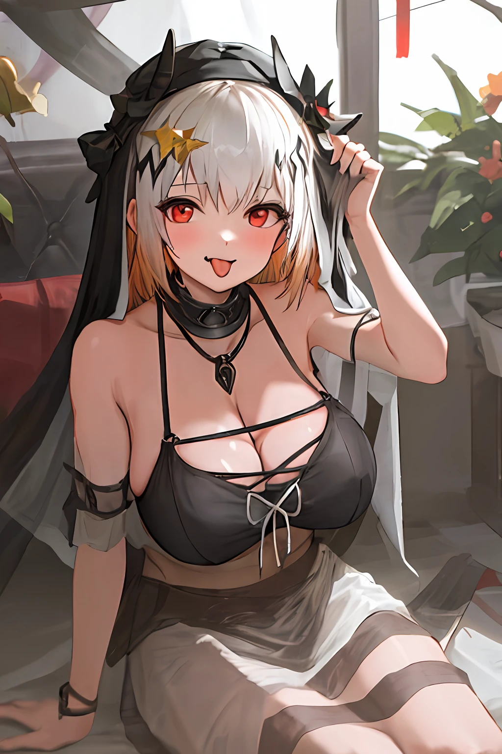 1girl,big breasts exposed cleavage,Be red in the face,Stick out your tongue,,eye glass,tmasterpiece,lewd nun,big breasts body