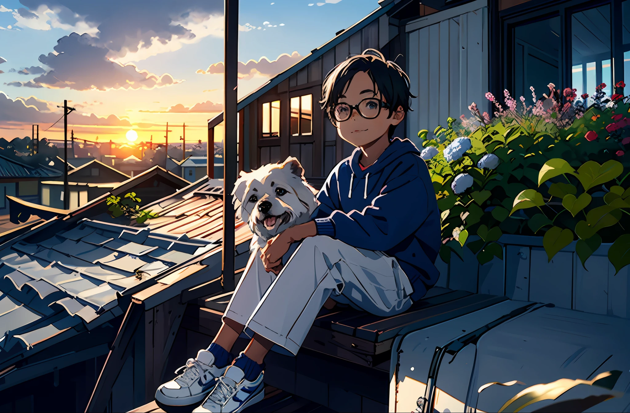 A happy little boy and a teddy bear dog，Full body photo sitting on the roof，Short blue-gray sweatshirt，Blue sneakers，with flowers and plants，kotori，in style of hayao miyazaki，A sad little boy，face round, Big eyes, Long eyelashes，Sunset Sunset