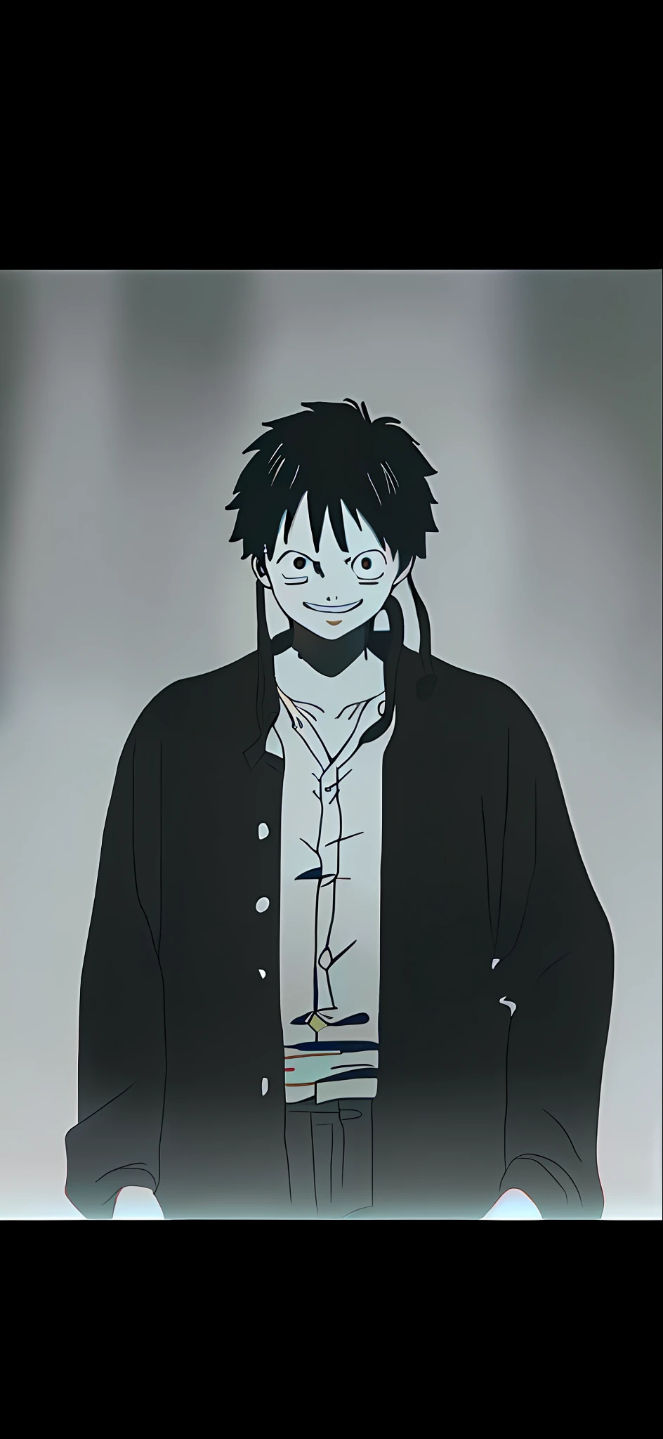 1boy, wanostyle, monkey d luffy, smiling, straw hat, looking at viewer, solo, upper body, ((masterpiece)), (best quality), (extremely detailed), depth of field, sketch, dark intensive shadows, Sharp focus quality, Gray light, hdr, , Good composition, Gray light all around, Black and white book shirt,Very long hair anime screenshots, , looks into camera,Deep black eyes,Long hair that reaches the waist