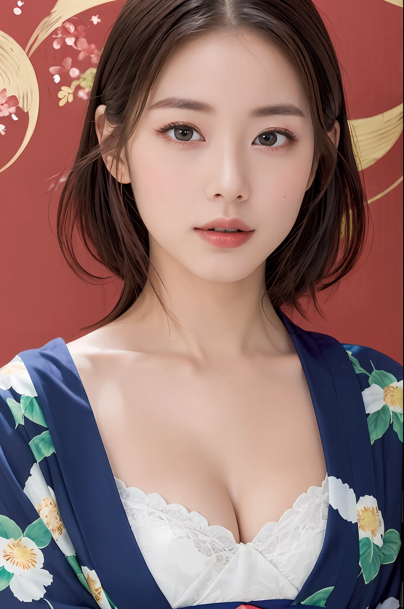 ((masterpiece、top-quality、ultra-definition、hight resolution))、独奏、a beauty girl、radiant eyes、perfect eyes、Japan's beautiful sister、A large yukata、cleavage of the breast、Yukata with red floral pattern、The background is the Milky Way galaxy、high-level image quality、4K.
