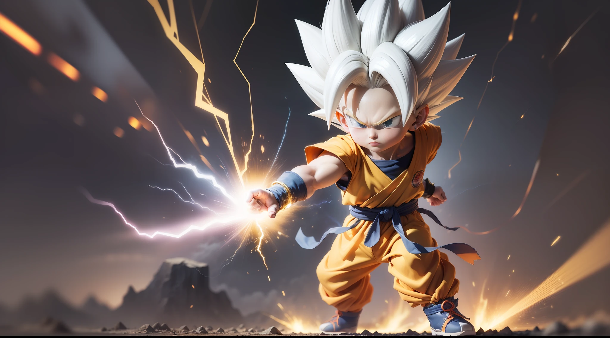 (Masterpiece), (Extreme Quality), (Ultra Detailed), (delicate face), (detailed eyes), Full Body, 1 boy, (9  goku in super saiyan with white hair from Akira Toriyama's Dragon Ball manga: 1.7), solo, Chibi, Cute, perfect hands, (glowing metal objects hovering in the air and surrounding him:1.2),(Electric arcs and sparks:1.2),(flow of energy:1.2),(translucent magnetic lines:1.2),(golden silver grey and shimmering light effects:1.2),