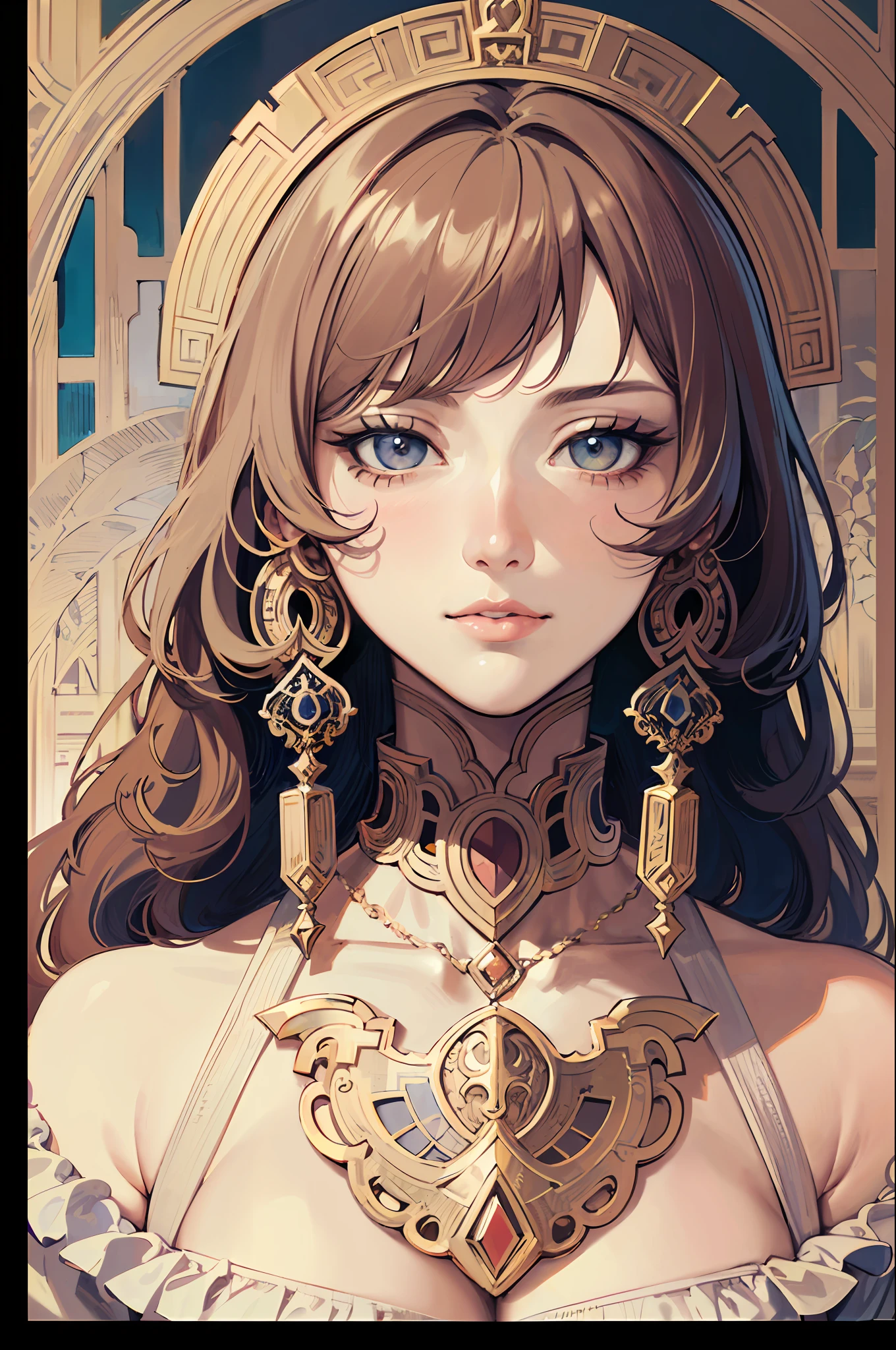 face portrait of a European female , long curly hair, blond, floral frame, Decorative panels, abstract
artistic, by Alphonse Mucha
(Masterpiece, Best Quality, Highres:1.4), Detailed, Intricate Details, 4K, color splashes, line art, fibonacci,