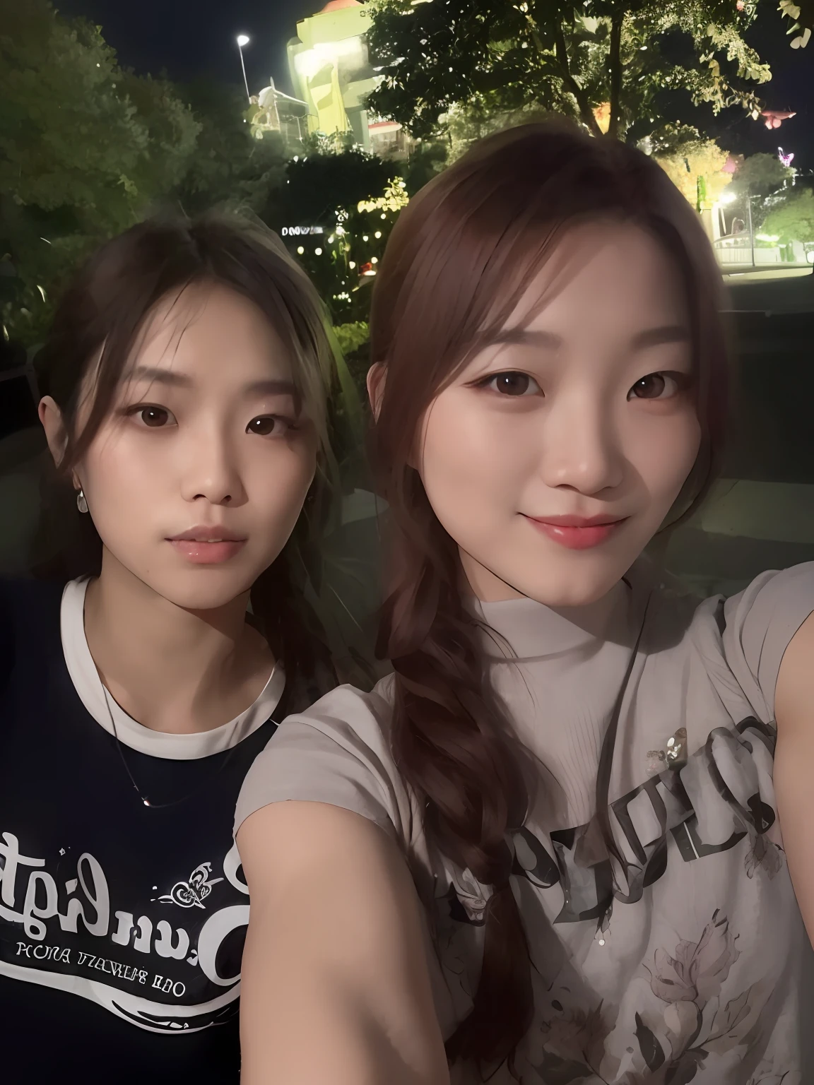 Two Asian women take selfies in the park at night, ulzzangs, tzuyu from twice, nixeu and sakimichan, lalisa manobal, 8k selfie photograph, with ivy, both have red lips, personal profile picture, #overclocking, # overclocking, Two girls, twice, blackpink jennie, jaeyeon nam, Shin Jinying --auto