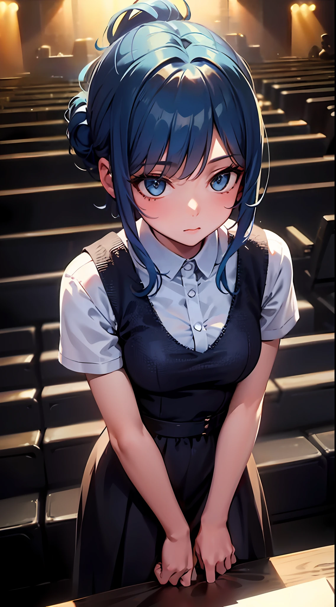 ((masterpiece)), (best quality), (detailed), (1girl), blue hair, blue eyes, updo, white shirt, black dress, looking down on the audience