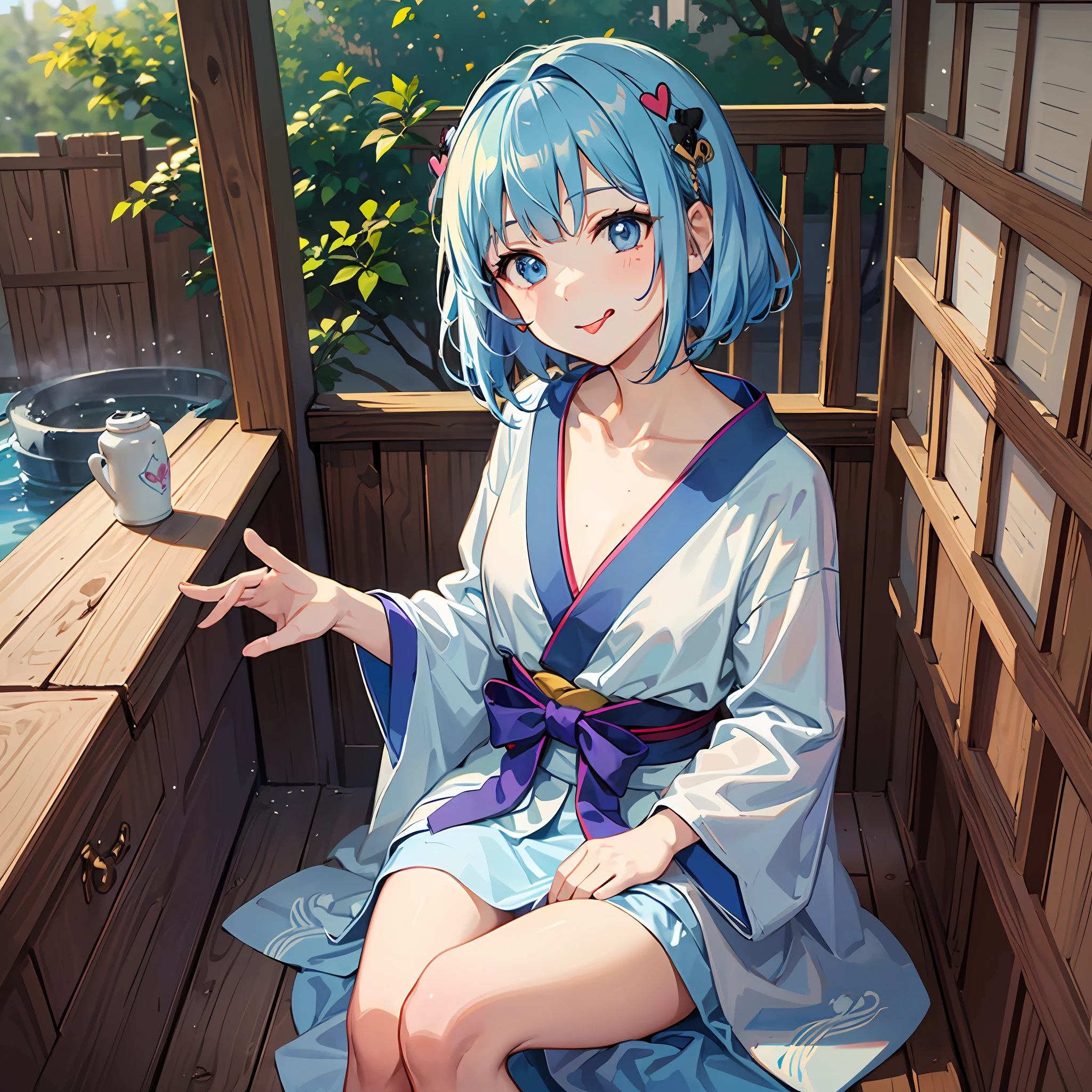 (((masuter piece)))、(((top-quality)))、Hi-Res、 is standing、 (Cute One Girl)))、独奏、de pele branca、small tits、Eight-headed body、(lightblue hair)、(((shorth hair)))、Bob Hair、 ((Straight bangs))、Beautiful hair、blue eyess、Beautiful Eyes of Details、((put out the tongue))、a smile、heart mark、(bathrobe)、 (kimono)、 耳Nipple Ring、outside of house、outdoor bath、 (natta)、 Shadow lighting、