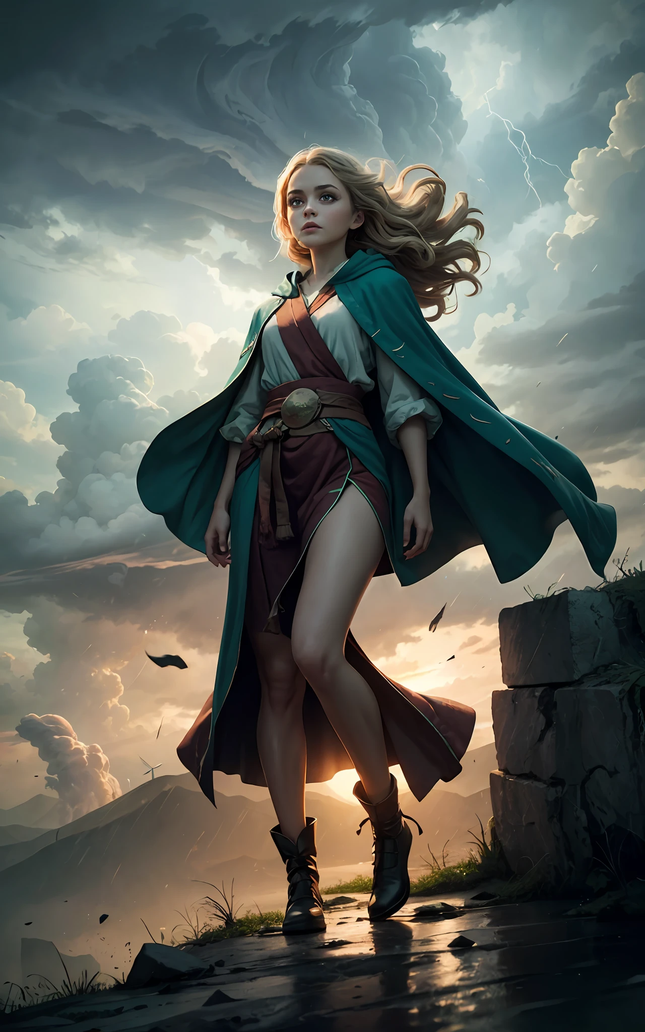 An outstanding beautiful girl standing on cliff painting, (wind:1.6), tornado, (hurricane:1.3), (flowing hair), long lime gradient hair, green big eyes, thin waist, wide hips, green mage robes, magic colors, Ultra HD, 8K, real skin texture, best light, best shadow, action, wizarding world, Prone view, small mouth, small nose, big eyes, cute, full body, perfect body proportions, enhanced contrast, void fragments
